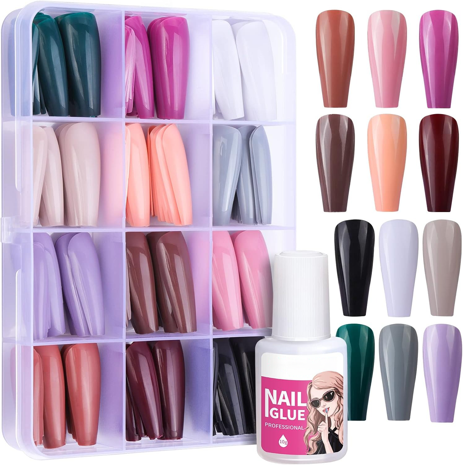 240pcs Glossy Long Coffin Acrylic False Nails Glue 12 Full Cover Press-On Set – Free Shipping