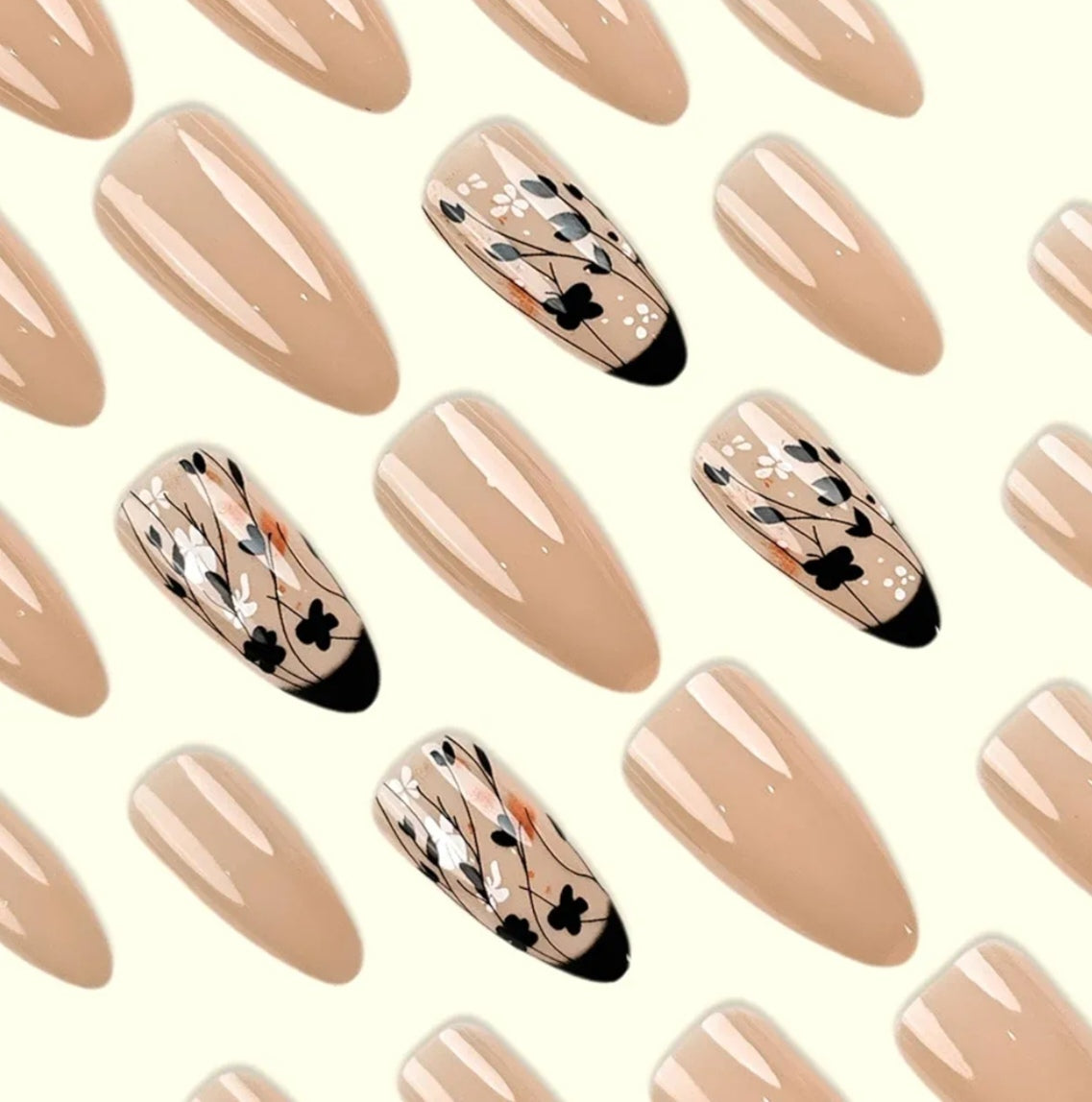 Elegant Nude Black Floral Press-On Nails Fake Artificial Nails 24 Pcs – Free Shipping