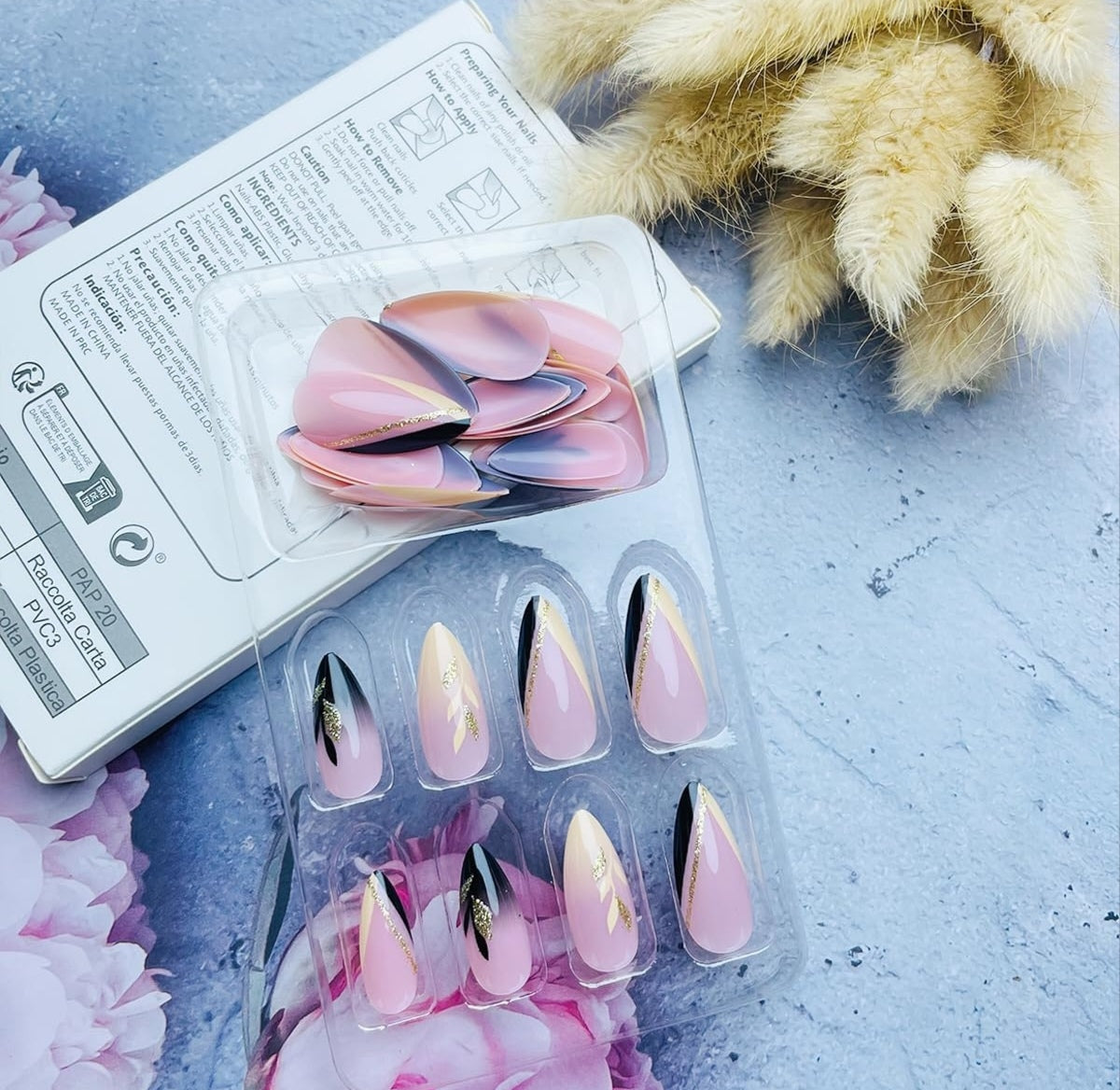 Black Sparkling Gold Glitter Leaves Press On Nails Acrylic Fake Nails - Free Shipping