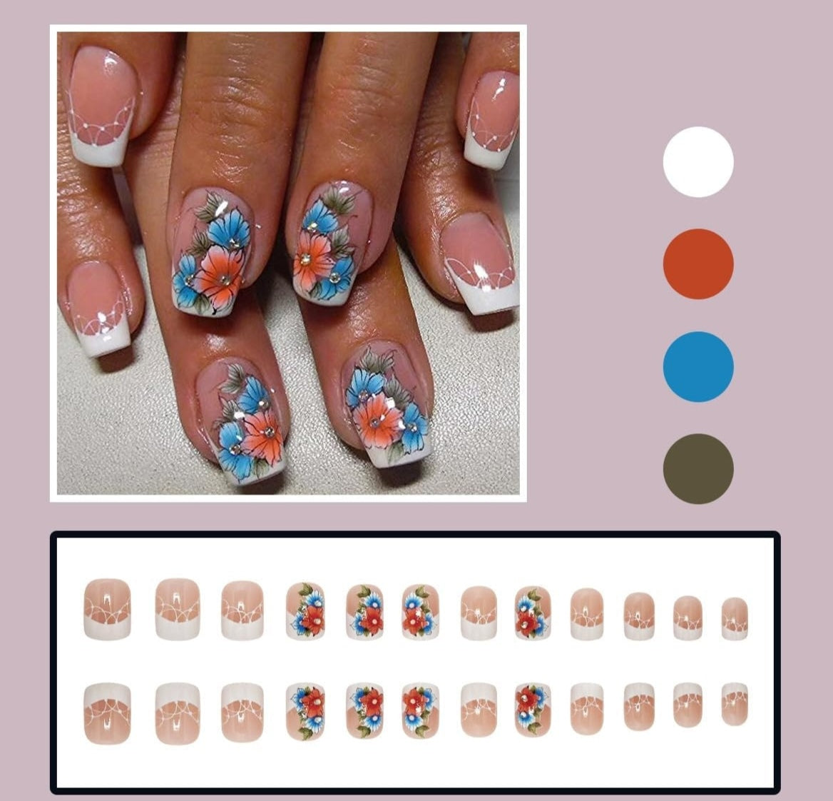 French Tip Blue Flower Press-On Nails Fake Artificial Nails 24 Pcs – Free Shipping