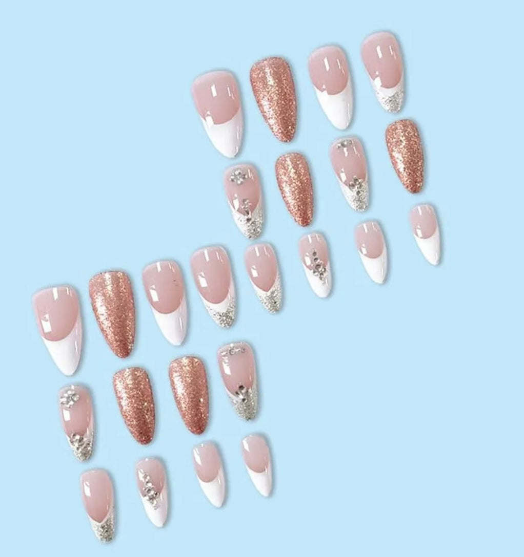 Elegant Glitter French Rhinestone Press-On Nails Fake Artificial Nails 24 Pcs – Free Shipping