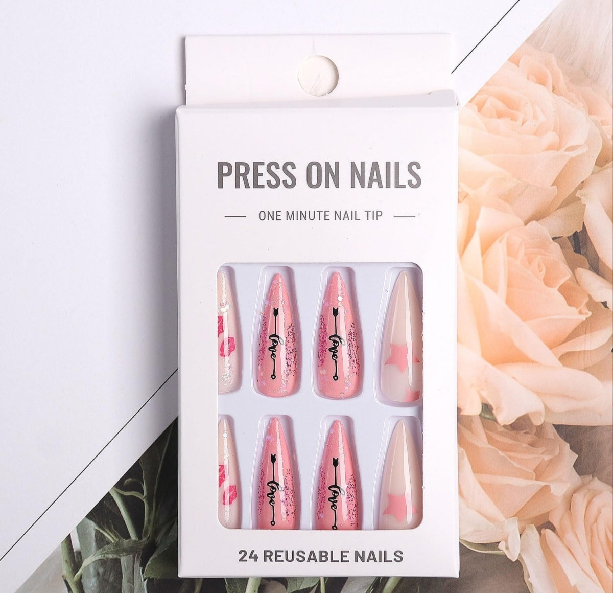 Love Pink White Glitter Lip Kisses Valentine's Press-On Nails Acrylic Fake Nails-Free Shipping