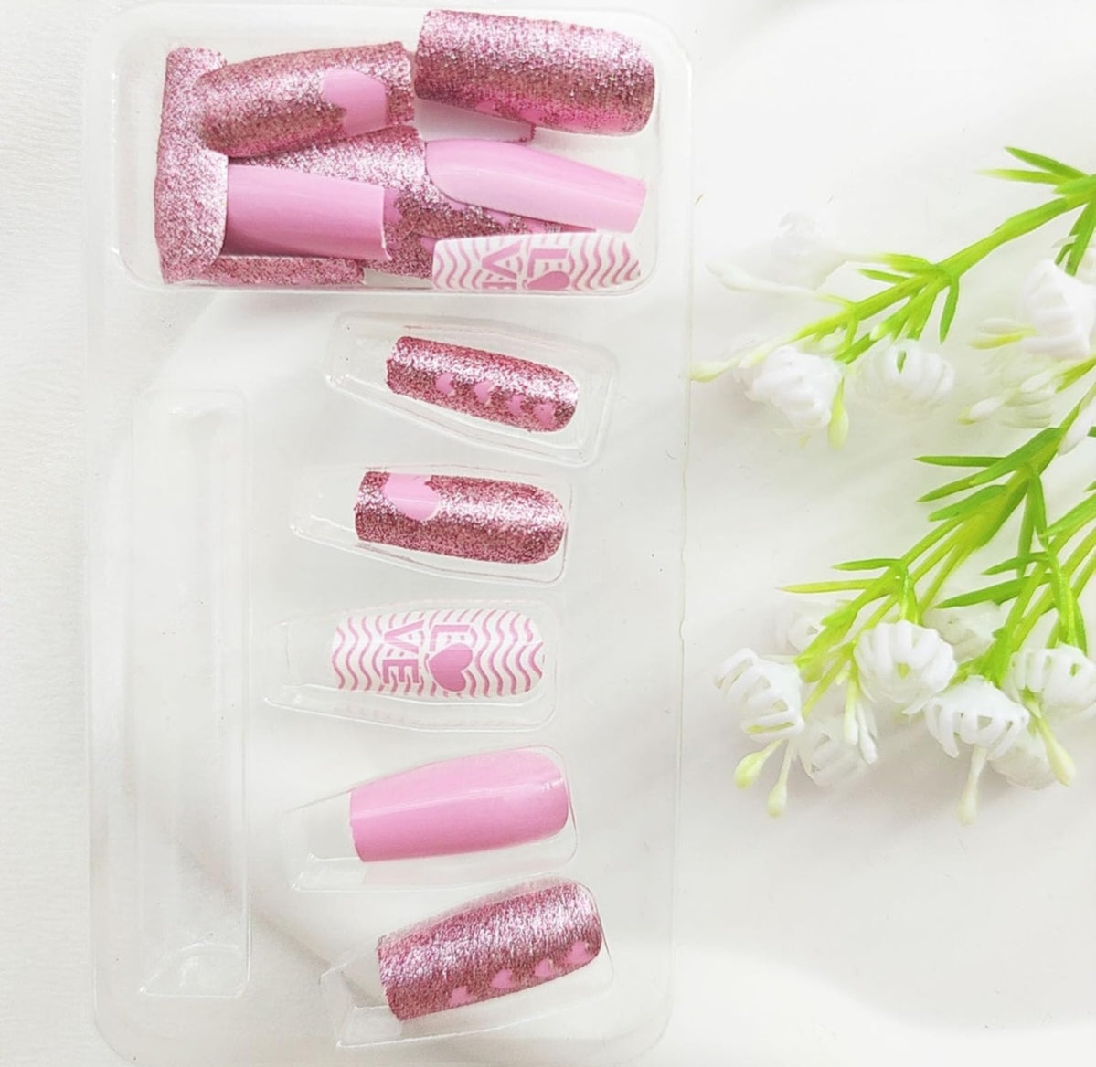 Stunning Pink Heart LOVE Glitter Valentine's Press-On Nails Acrylic Fake Nails-Free Shipping