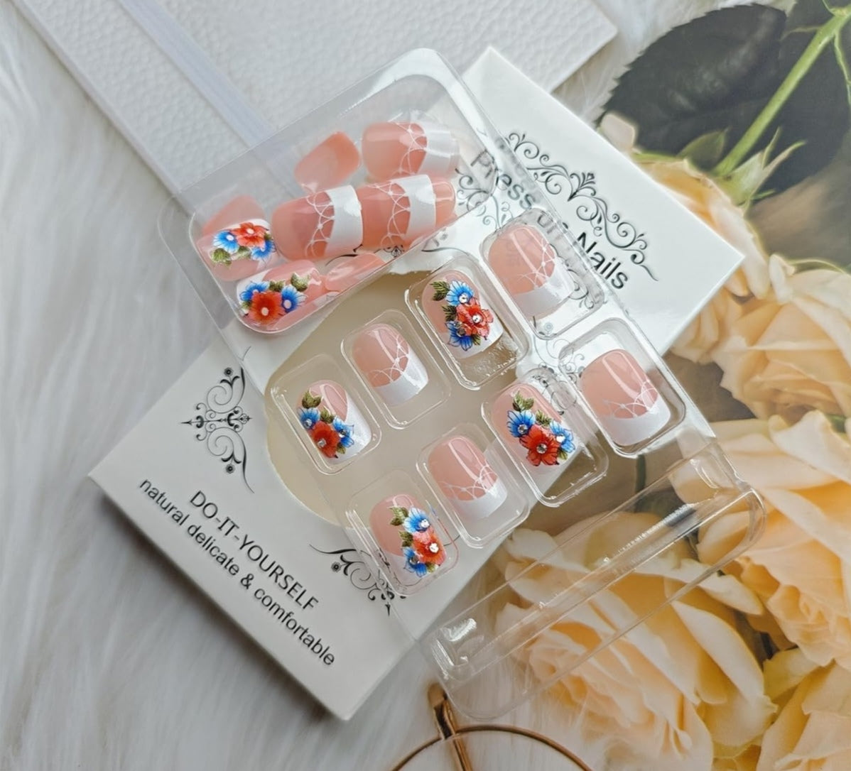 French Tip Blue Flower Press-On Nails Fake Artificial Nails 24 Pcs – Free Shipping