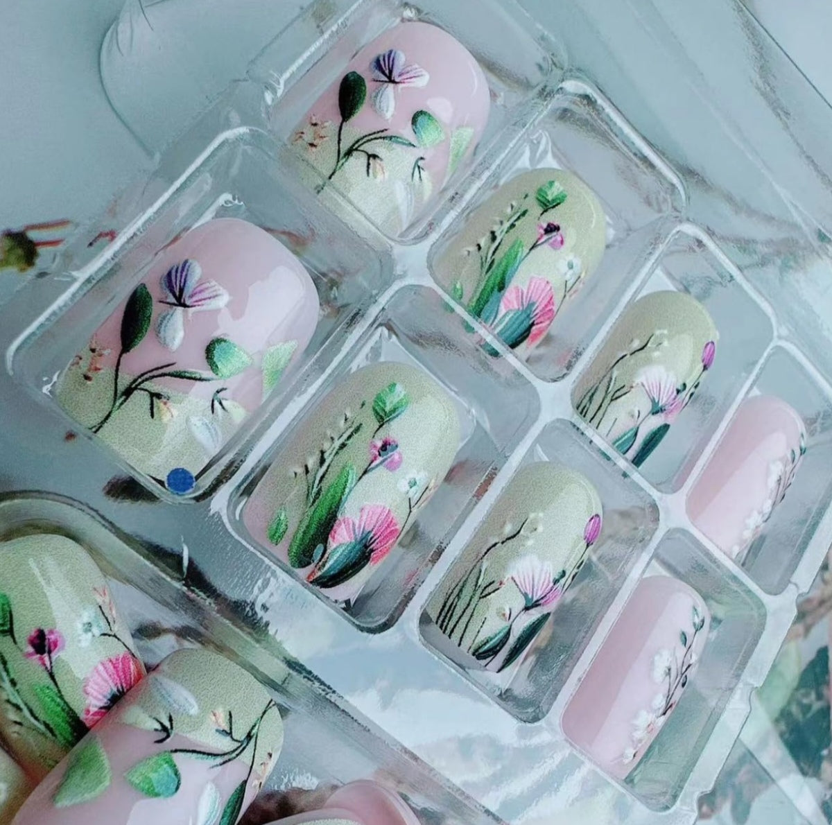 Stunning Hand-Painted Spring 3D Floral Press-On Nails Fake Artificial Nails 24 Pcs – Free Shipping