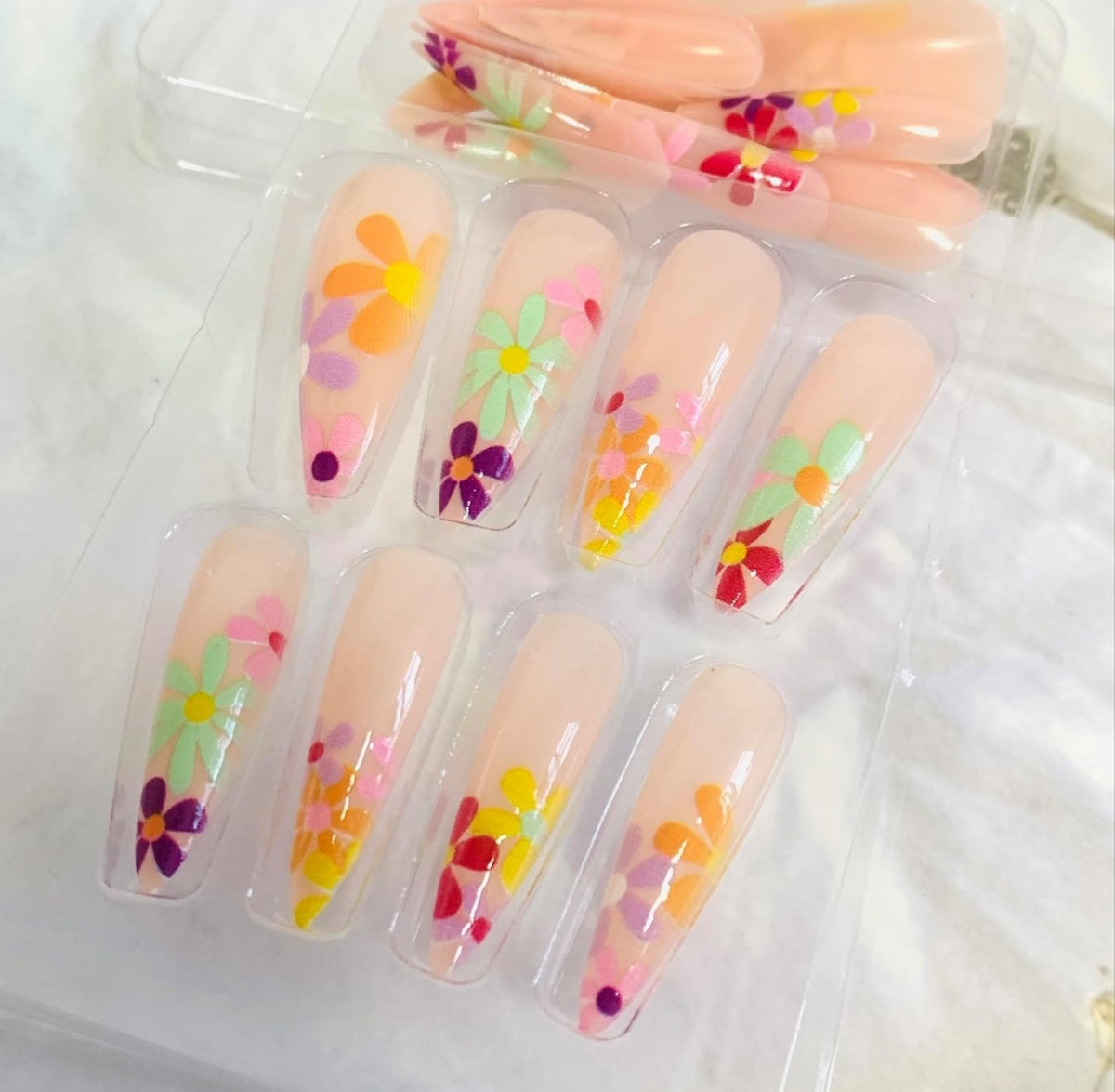 Colorful Floral Blooms Long Stiletto Press-On Nails Acrylic False Nails-Free Shipping