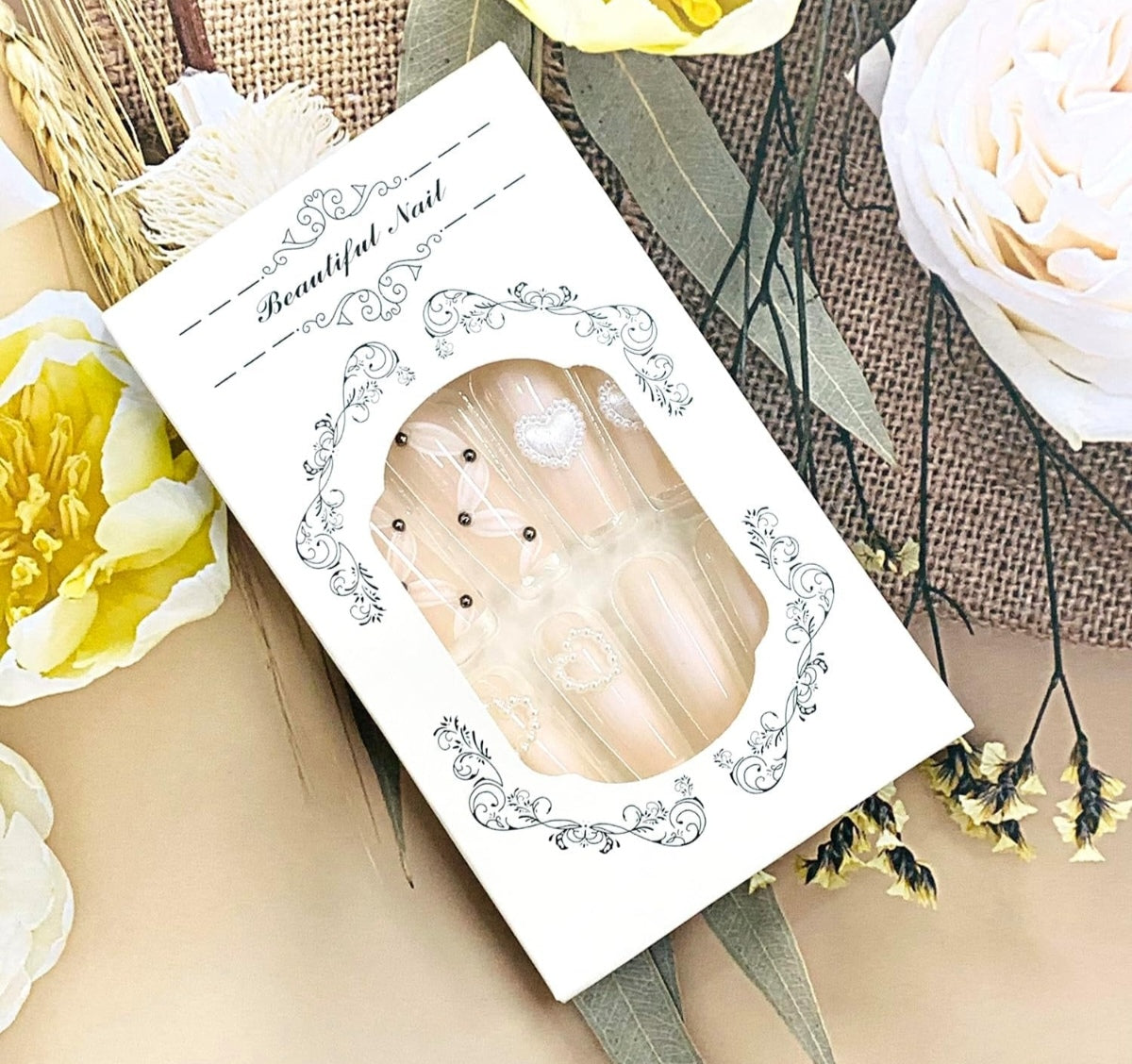 Elegant 3D Heart Pearl Rhinestone Silver Detail Press-On Nails Artificial Nails 24 Pcs - Free Shipping