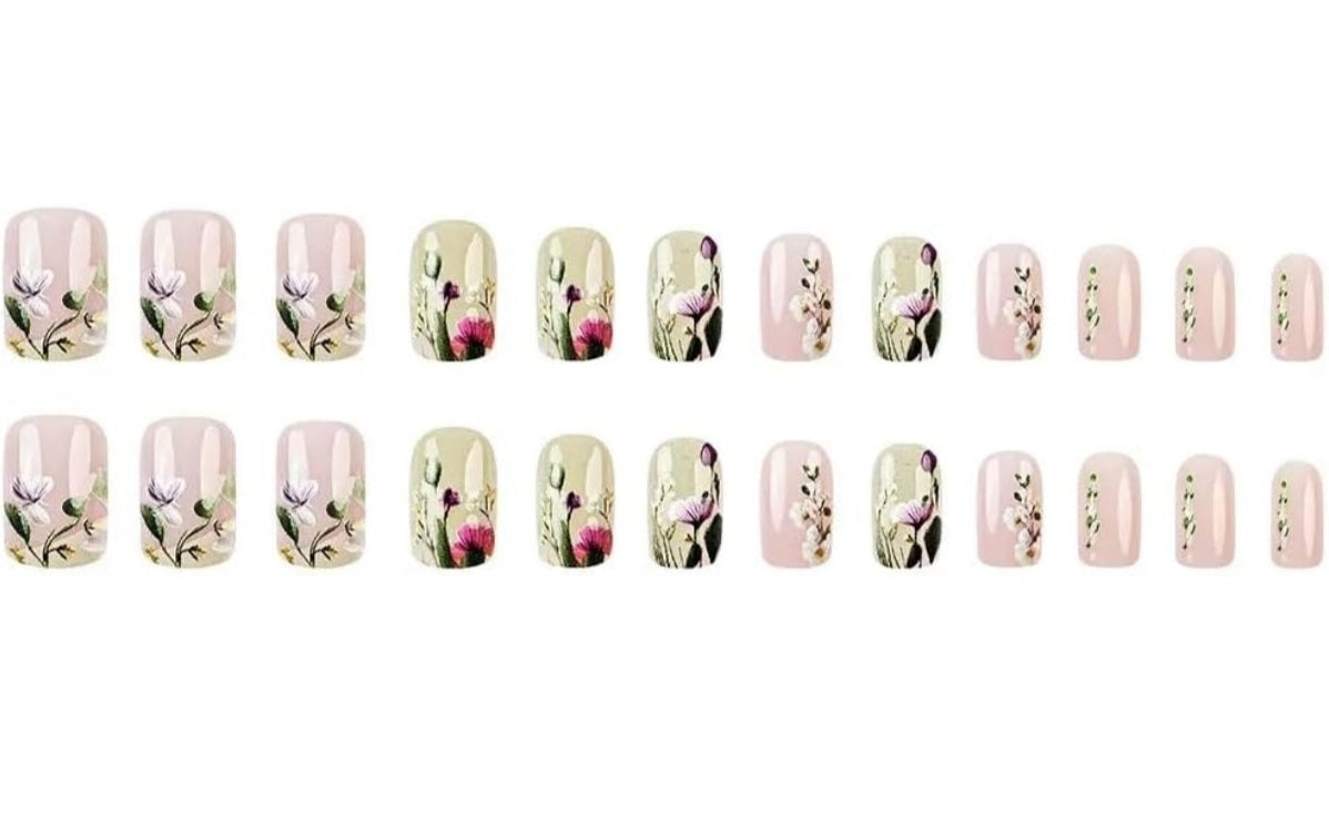 Stunning Hand-Painted Spring 3D Floral Press-On Nails Fake Artificial Nails 24 Pcs – Free Shipping
