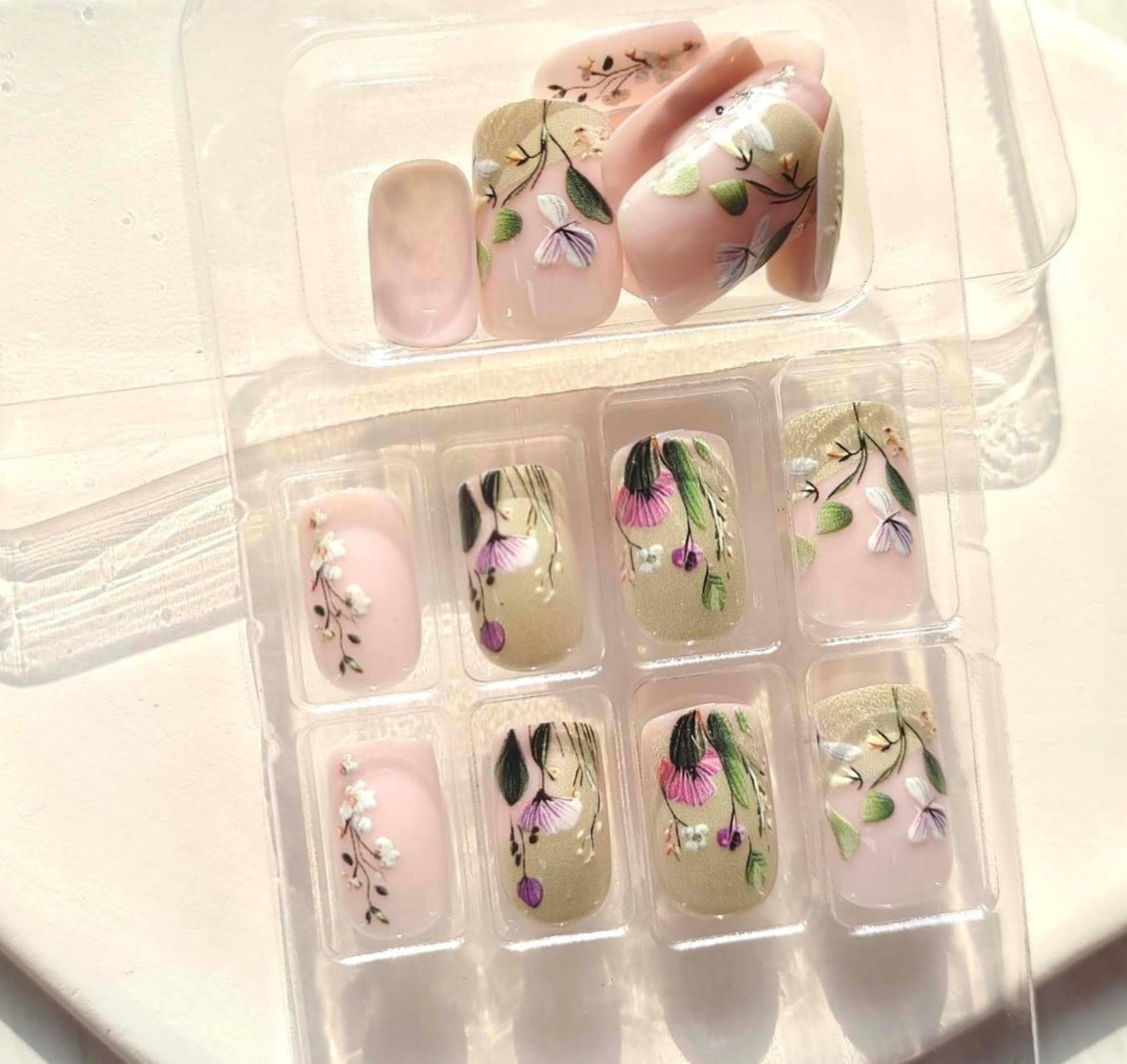 Stunning Hand-Painted Spring 3D Floral Press-On Nails Fake Artificial Nails 24 Pcs – Free Shipping