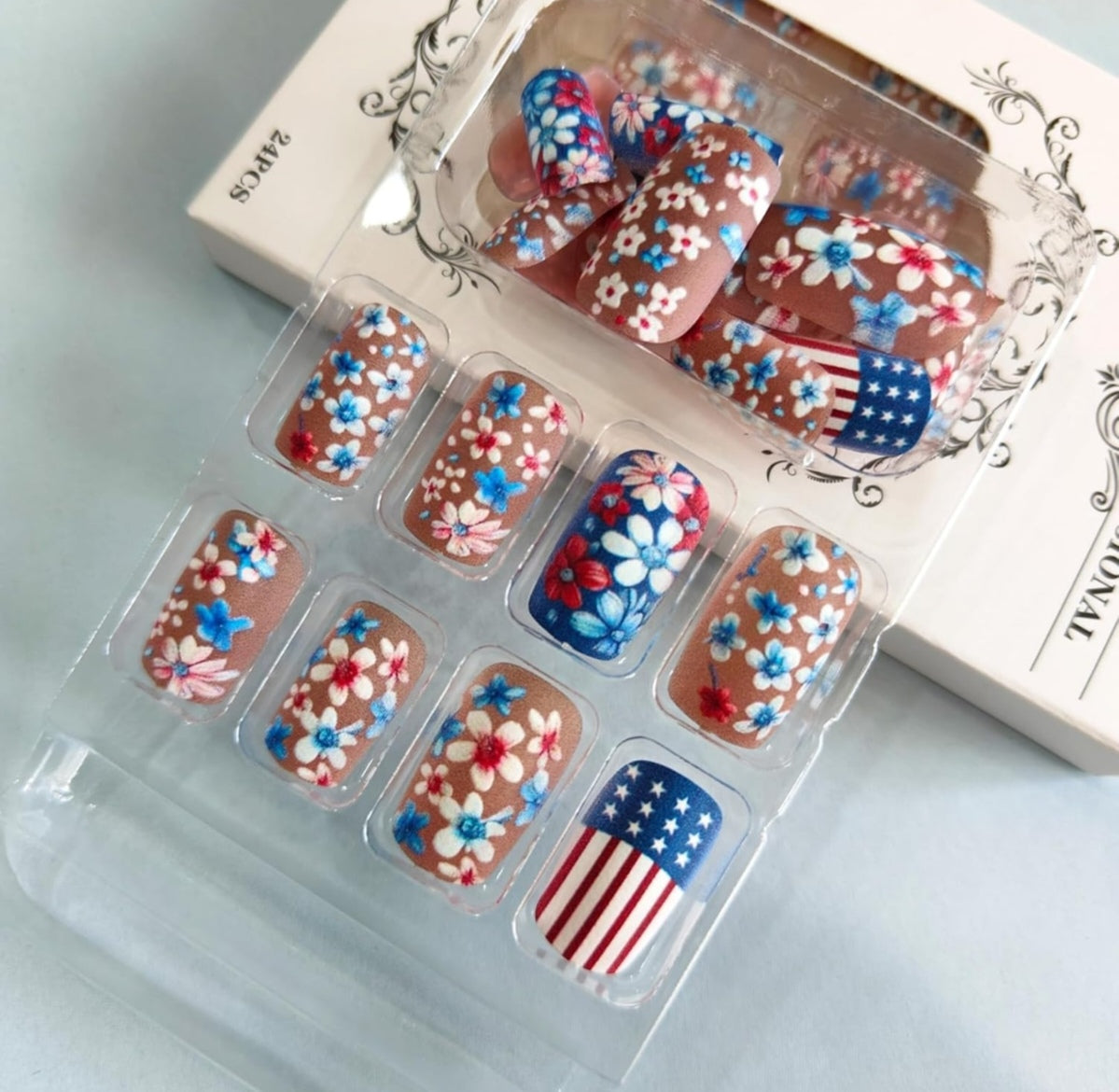 Red Blue Floral American Flag Design Press-On Nails Fake Artificial Nails 24 Pcs – Free Shipping