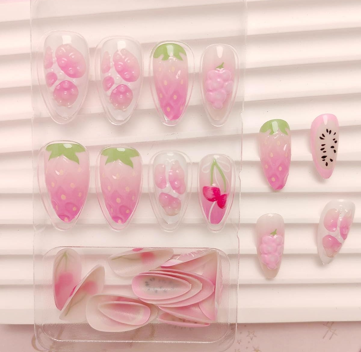 Stylish 3D Pink Cherry Grape Press-On Nails Fake Nails 24 Pcs - Free Shipping