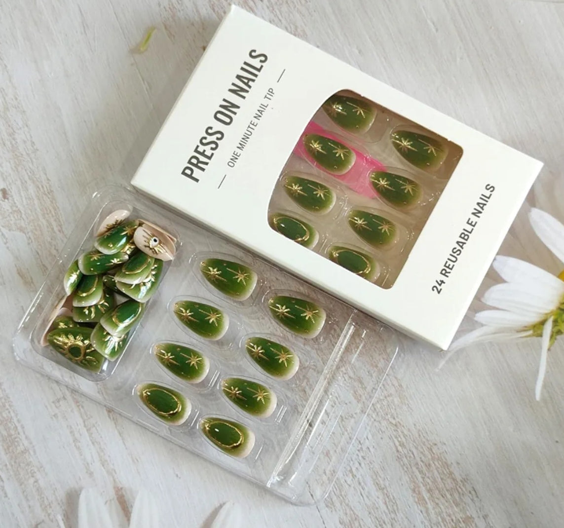 Stylish Celestial Radiant Green Design Press-On Fake Artificial Nails 24 Pcs – Free Shipping