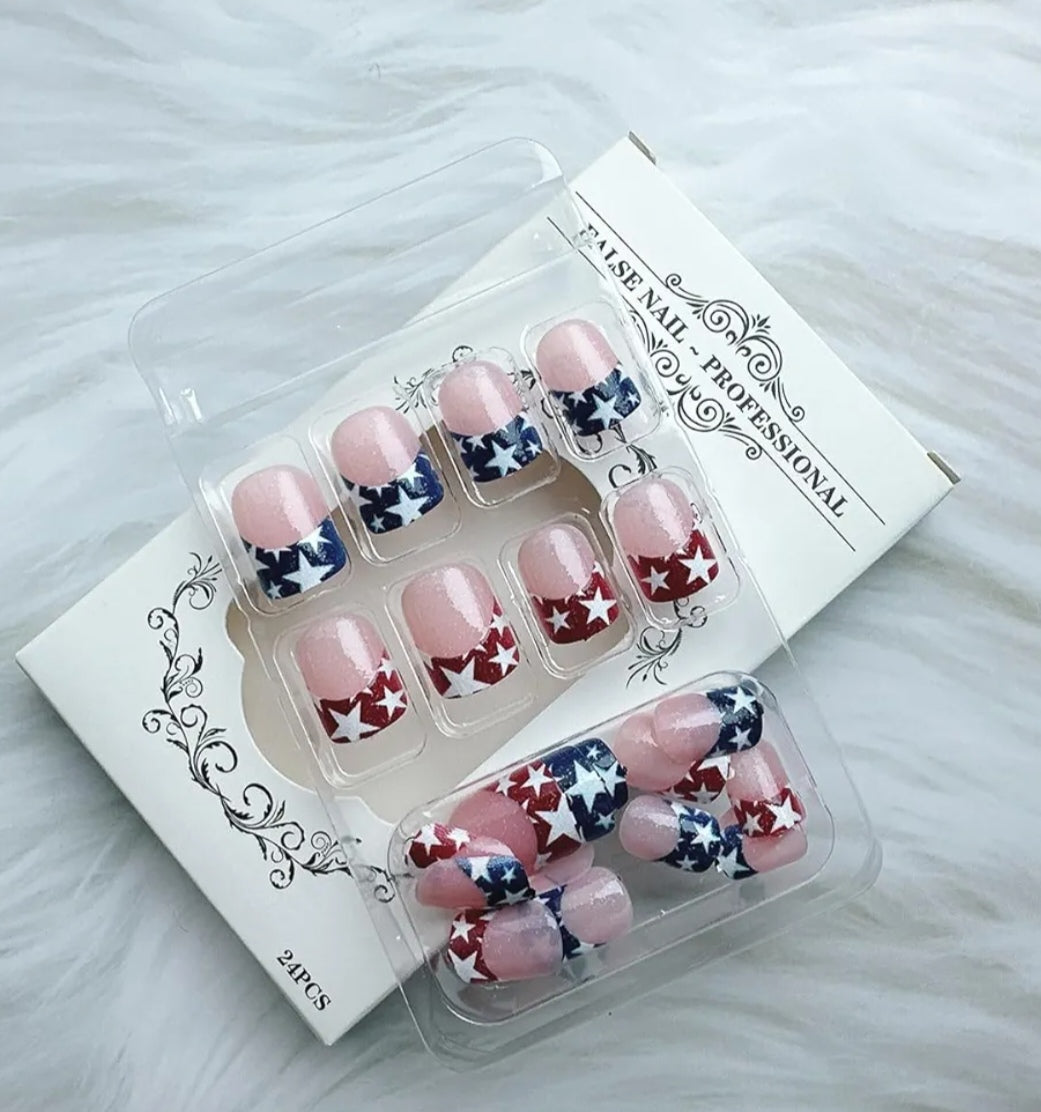 Chic French Glitter Tip Patriotic Stars Press-On Nails Fake Artificial Nails 24 Pcs – Free Shipping