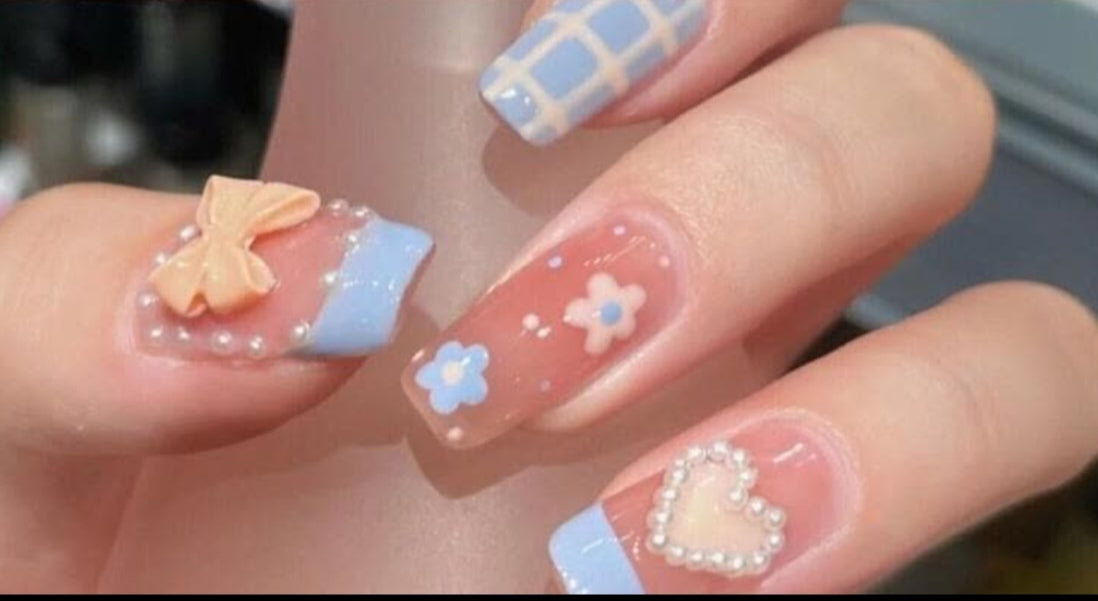 Charming Blue Floral Pearl 3D Heart Stripe Press-On Nails Artificial Nails 24 Pcs - Free Shipping