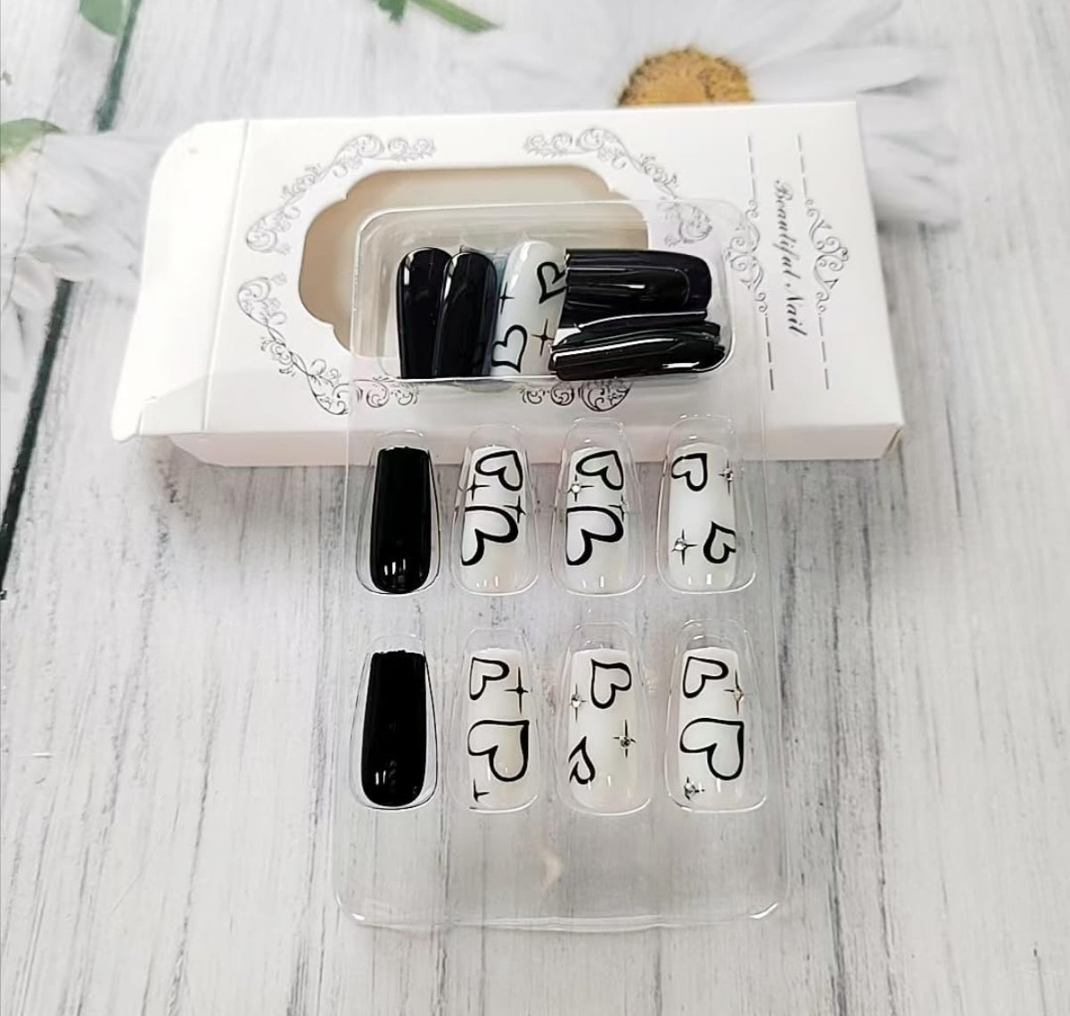 Chic Black White Heart Rhinestone Coffin Press-On Nails Acrylic False Nails-Free Shipping