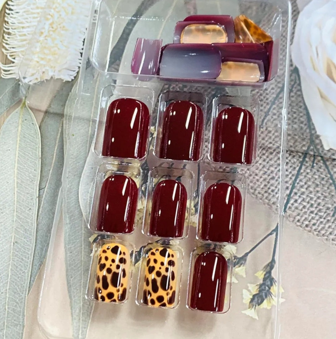 Chic Burgundy Leopard Print Press-On Nails Fake Artificial Nails 24 Pcs - Free Shipping