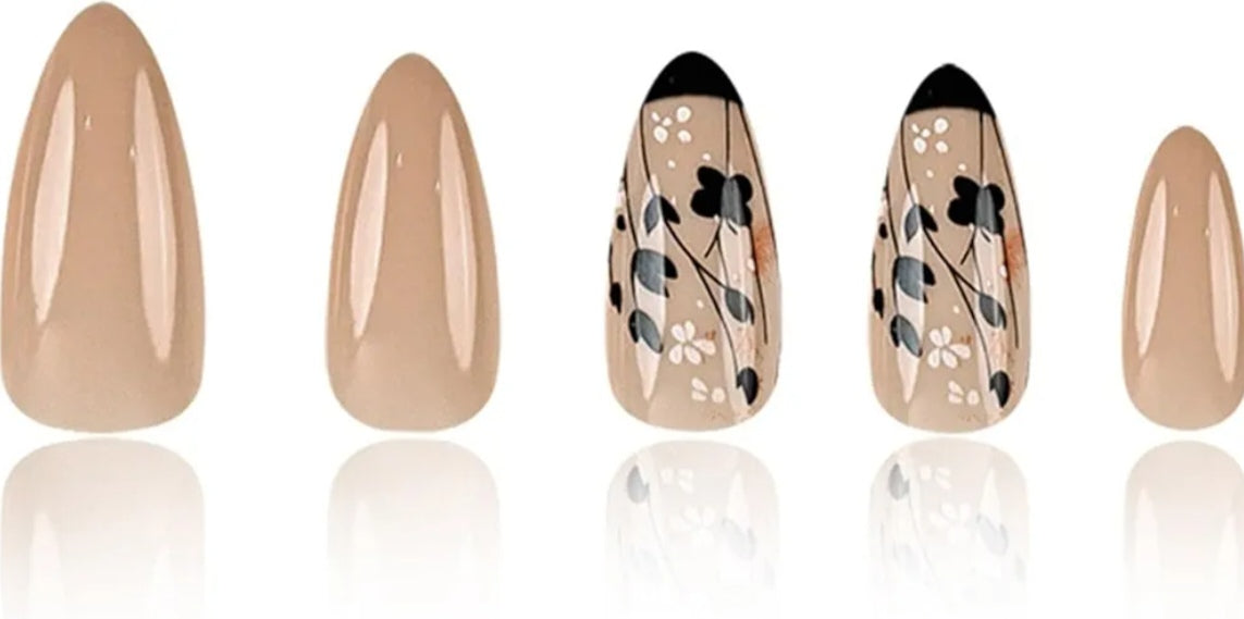 Elegant Nude Black Floral Press-On Nails Fake Artificial Nails 24 Pcs – Free Shipping
