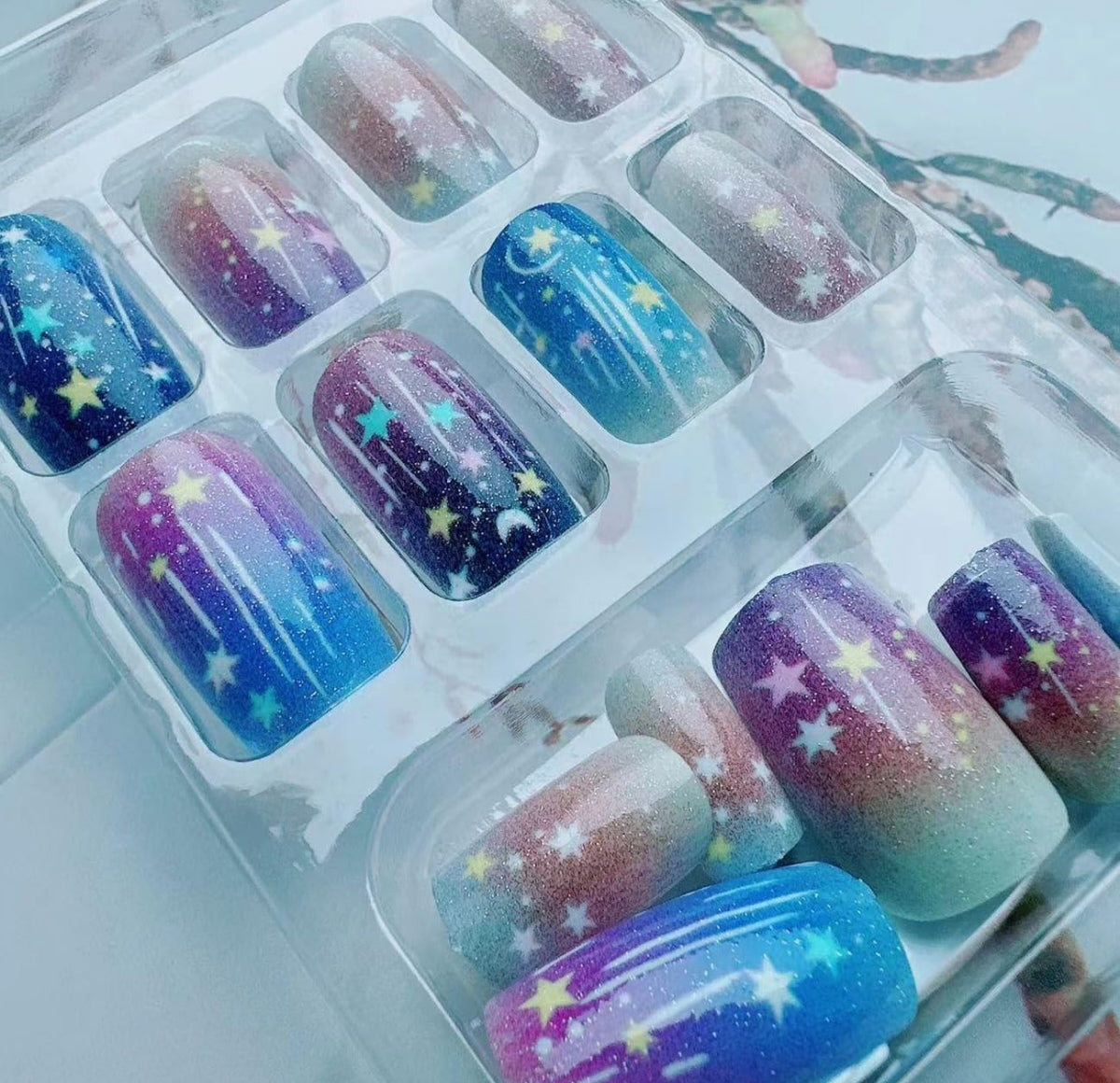 Glitter Star Moon Ombre Press-On Nails Fake Artificial Nails 24 Pcs – Free Shipping