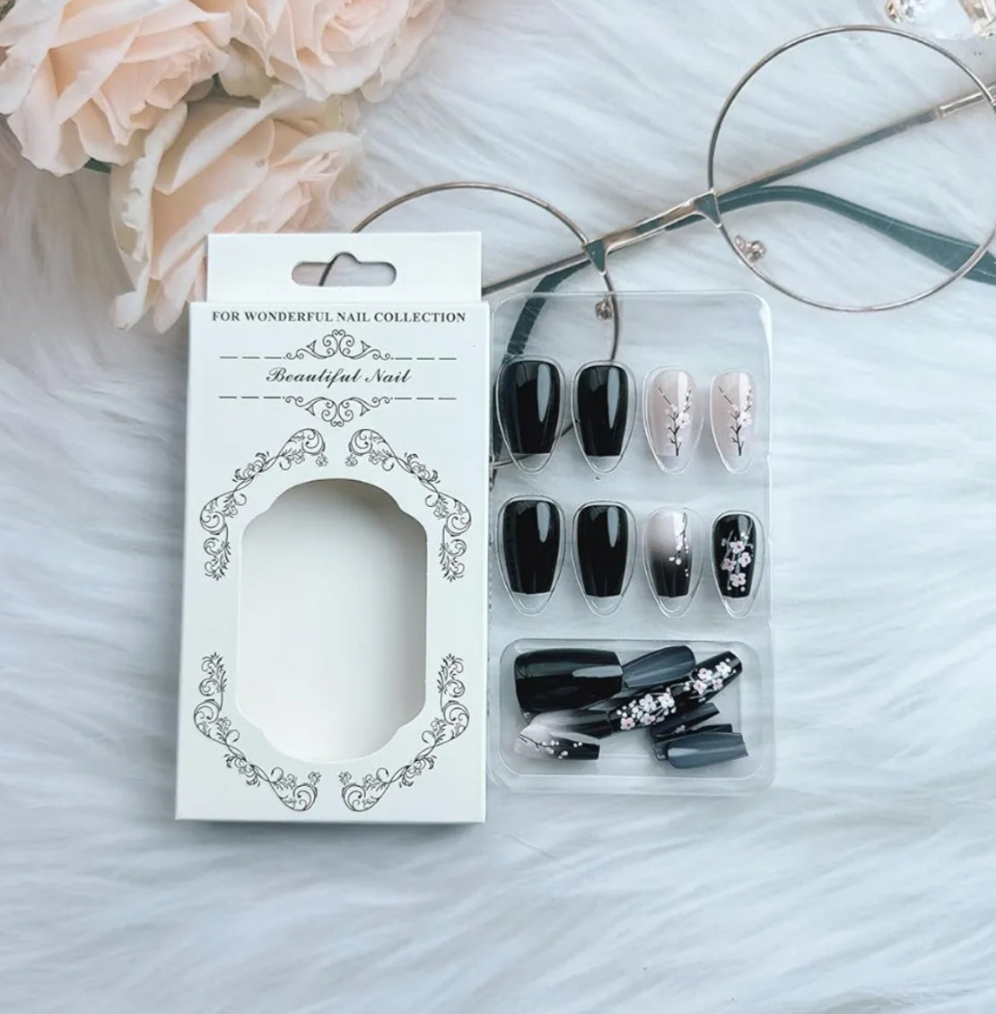 Chic Cherry Blossom Black Ombre Press-On Nails Fake Artificial Nails 24 Pcs-Free Shipping