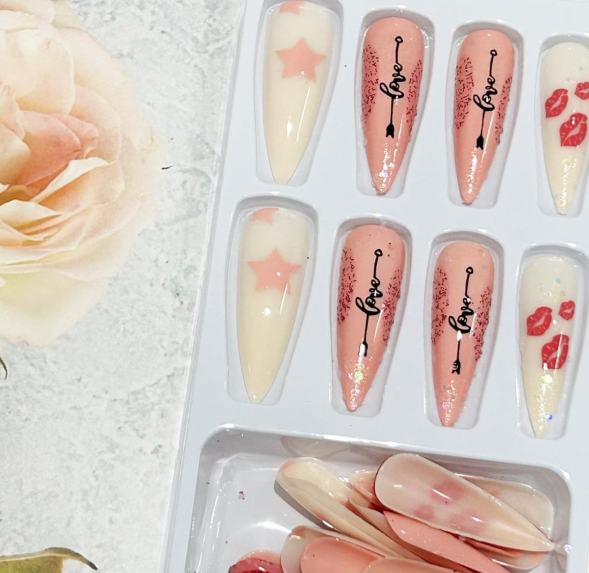 Love Pink White Glitter Lip Kisses Valentine's Press-On Nails Acrylic Fake Nails-Free Shipping