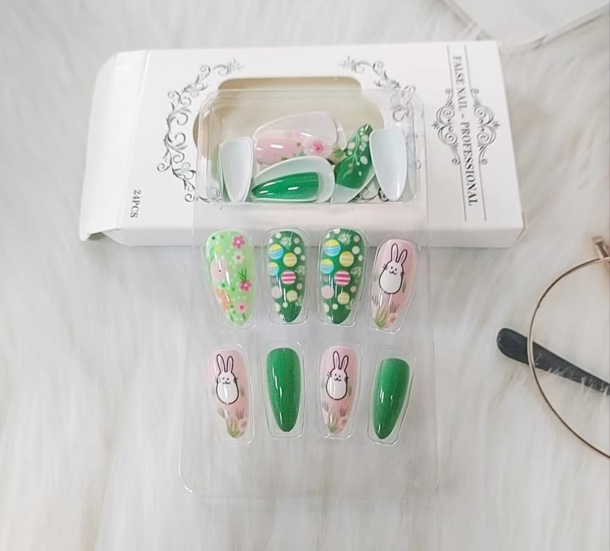 Cute Bunny Spring 3D Egg Art Floral Press-On Nails Fake Artificial Nails 24 Pcs-Free Shipping