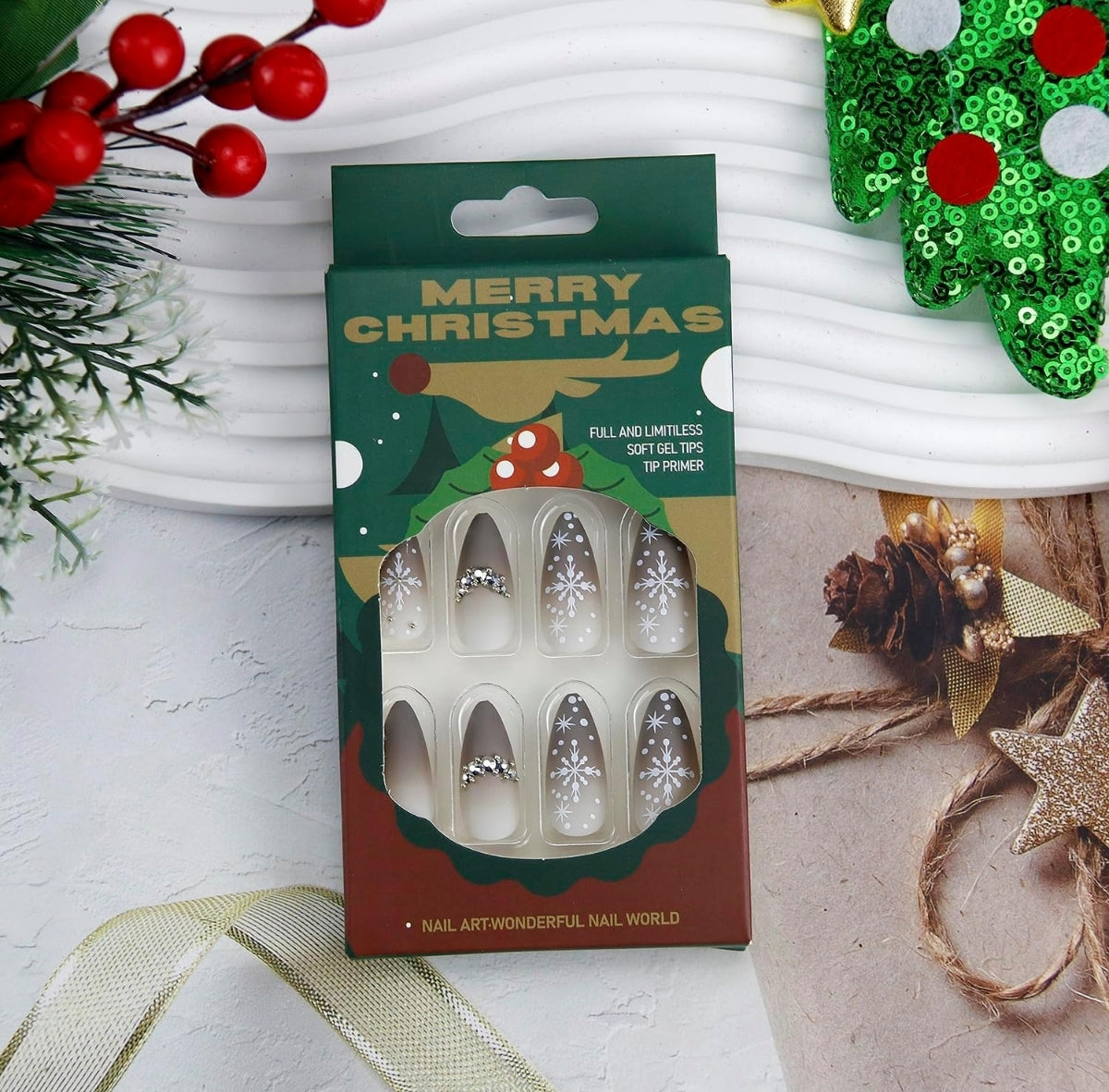 Glitter Snowflake Rhinestone Christmas Press-On Nails Acrylic False Nails-Free Shipping