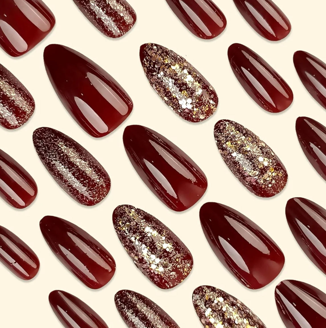 Elegant Red Gold Glitter Press-On Nails Fake Artificial Nails 24 Pcs – Free Shipping