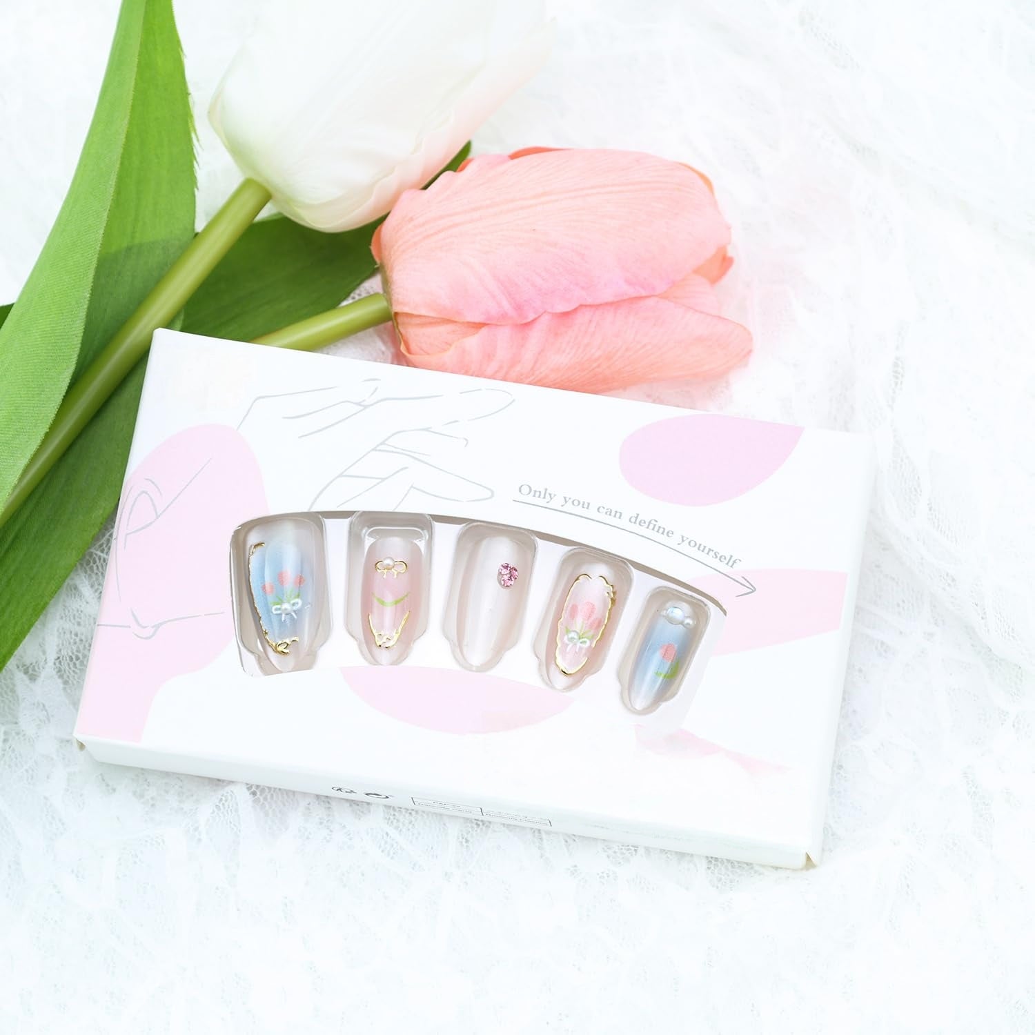 Elegant Floral Ombre 3D Pearl Bow Gold Almond Press-On Nails False Nails 30 Pcs - Free Shipping