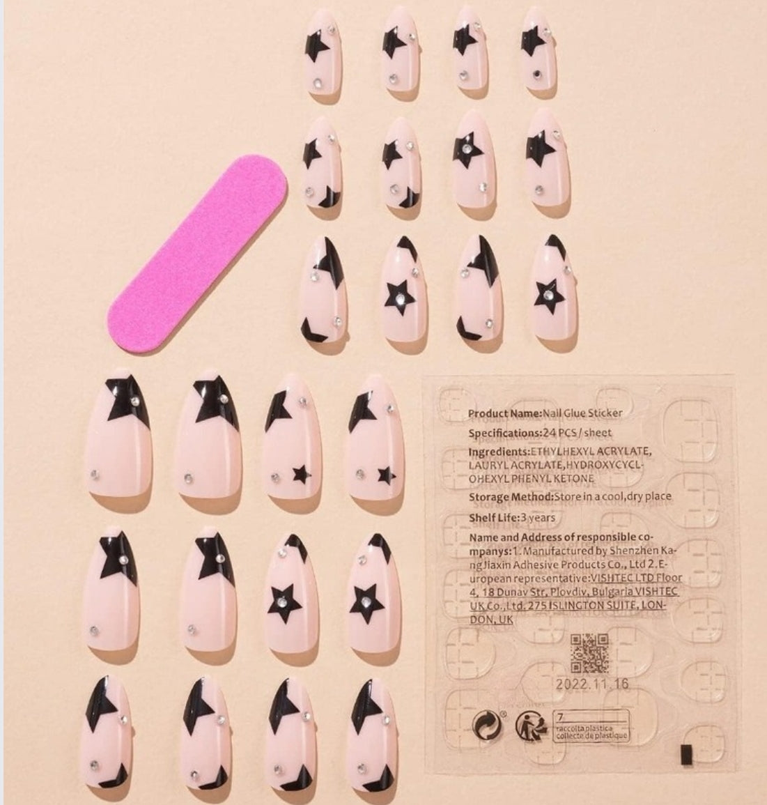 Black Star Rhinestone Almond Press On Acrylic Fake Nails - Free Shipping