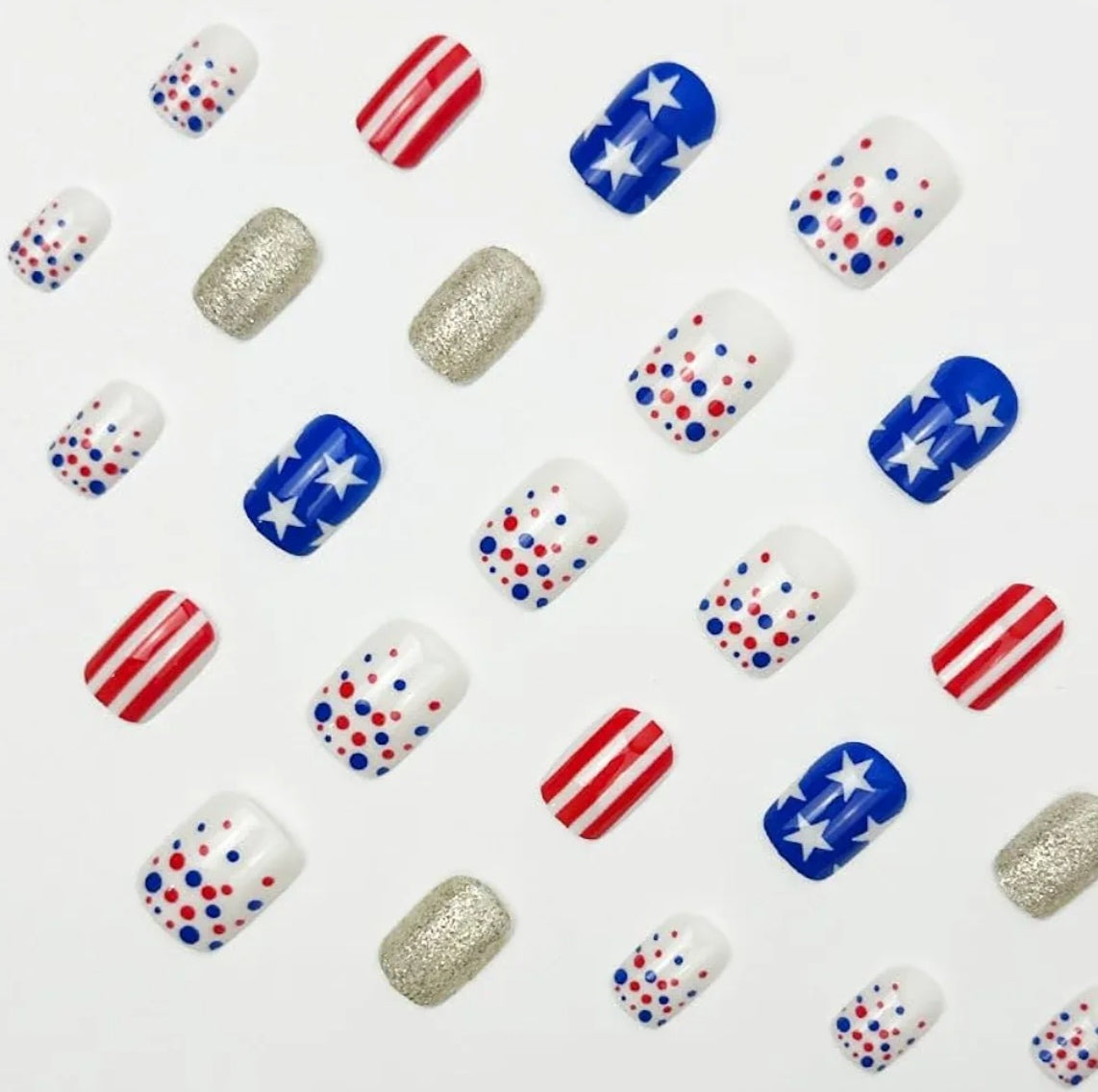Chic Patriotic Stars Dots Glitter Press-On Nails Fake Artificial Nails 24 Pcs - Free Shipping