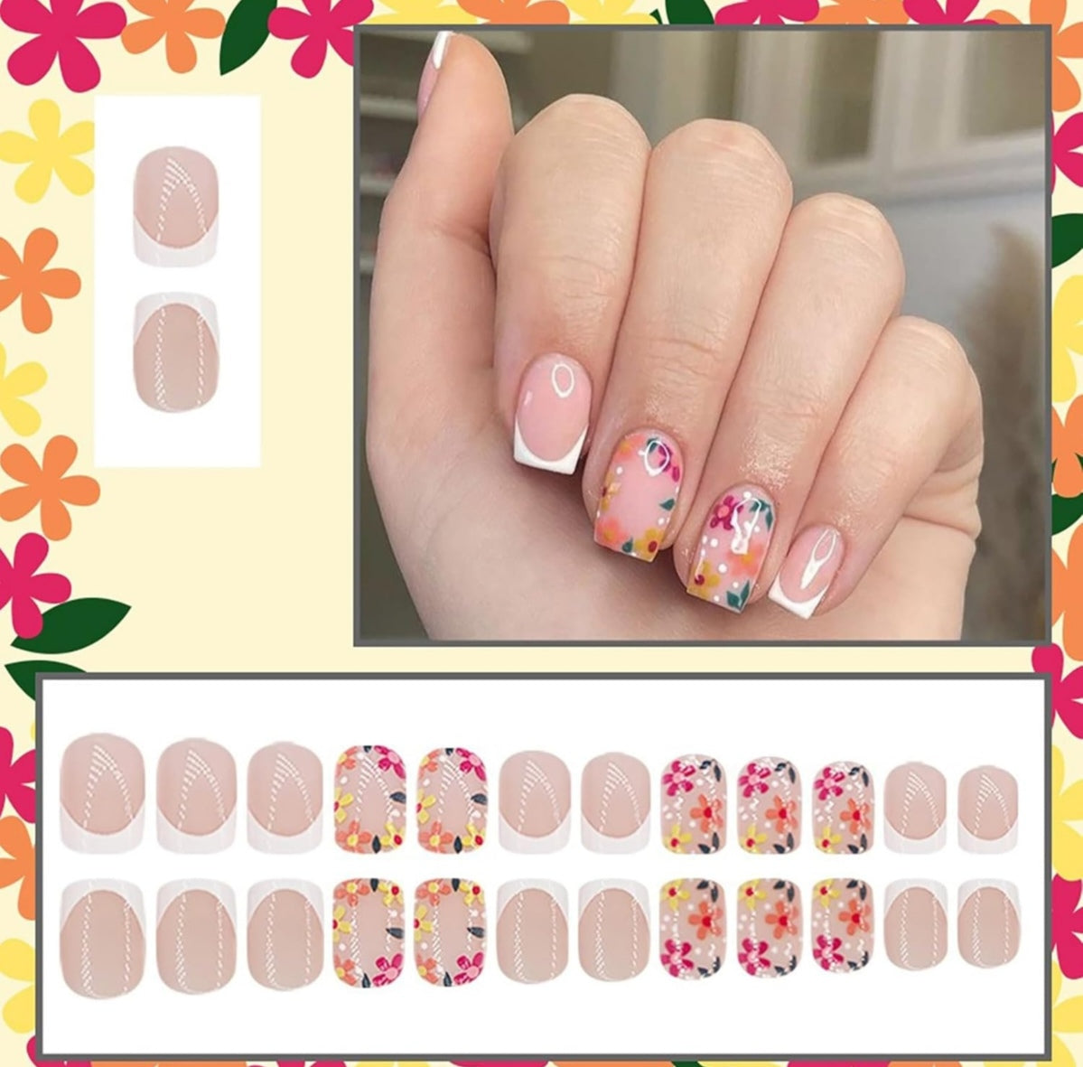 Stylish Spring Flower French Tip Press-On Nails Fake Artificial Nails 24 Pcs-Free Shipping