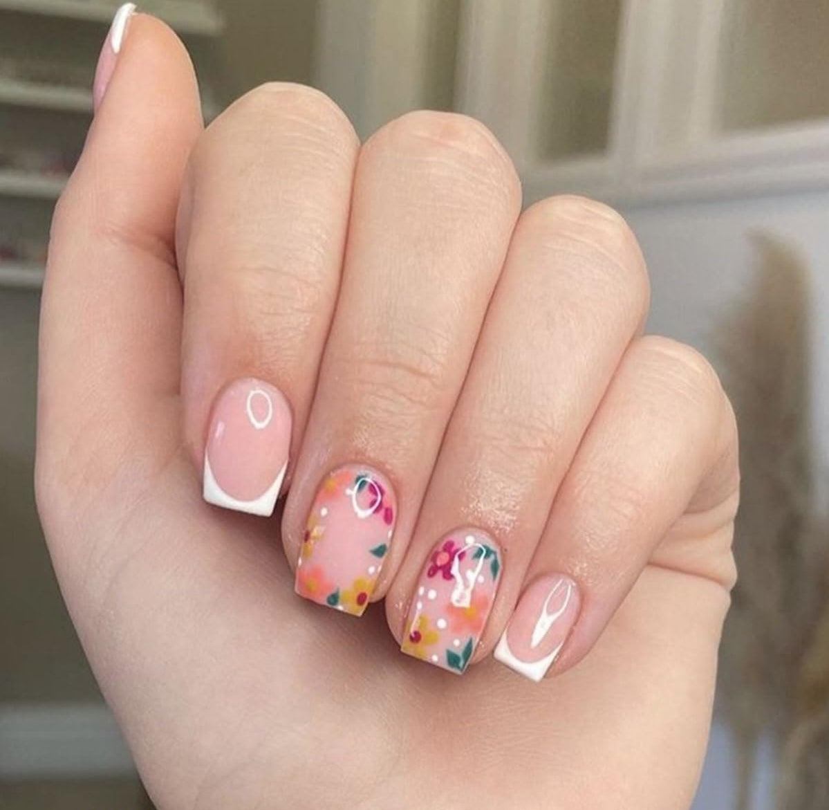 Stylish Spring Flower French Tip Press-On Nails Fake Artificial Nails 24 Pcs-Free Shipping