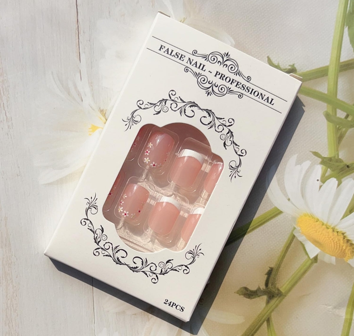 Chic Spring French Floral Short Press-On Nails Fake Artificial Nails 24 Pcs-Free Shipping