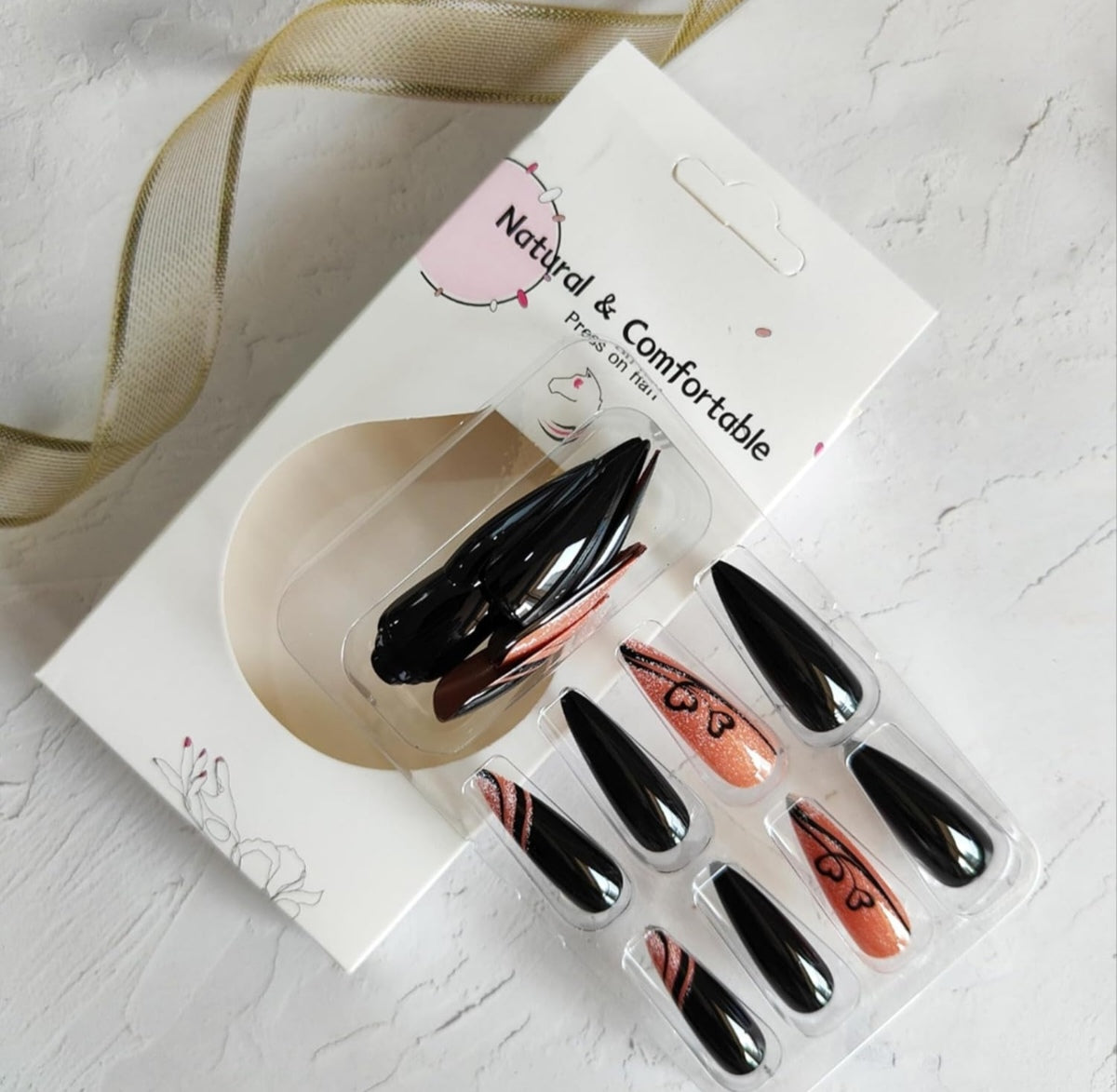 Glamorous Black Brown Heart Glitter Long Stiletto Press-On Nails Acrylic Fake Nails-Free Shipping