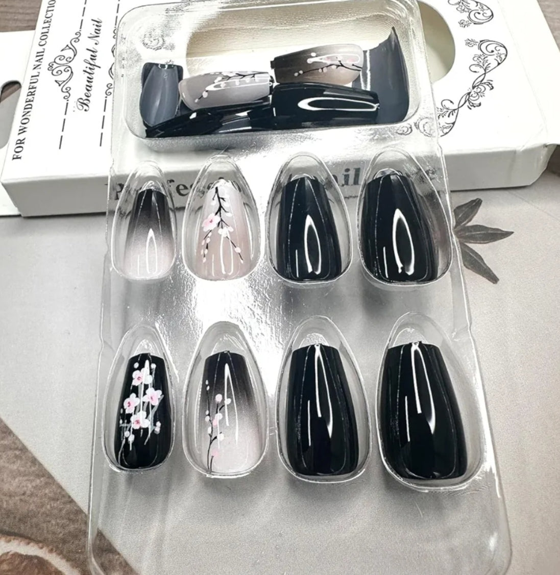 Chic Cherry Blossom Black Ombre Press-On Nails Fake Artificial Nails 24 Pcs-Free Shipping
