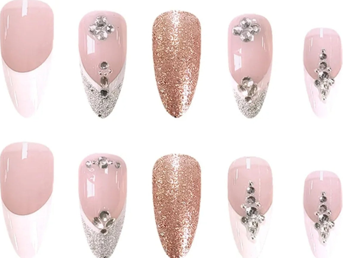 Elegant Glitter French Rhinestone Press-On Nails Fake Artificial Nails 24 Pcs – Free Shipping