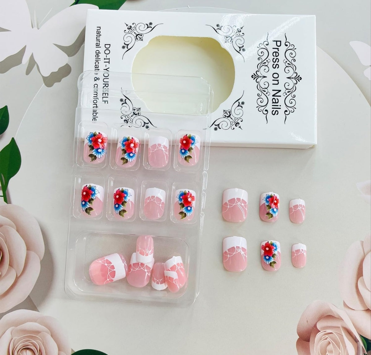 French Tip Blue Flower Press-On Nails Fake Artificial Nails 24 Pcs – Free Shipping