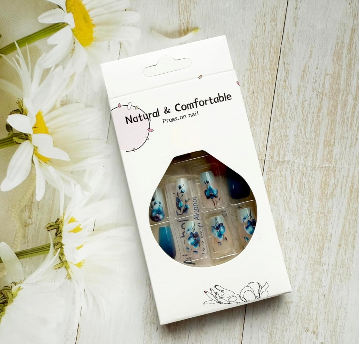Blue Floral Ombre Press-On Nails Fake Artificial Nails 24 Pcs – Free Shipping