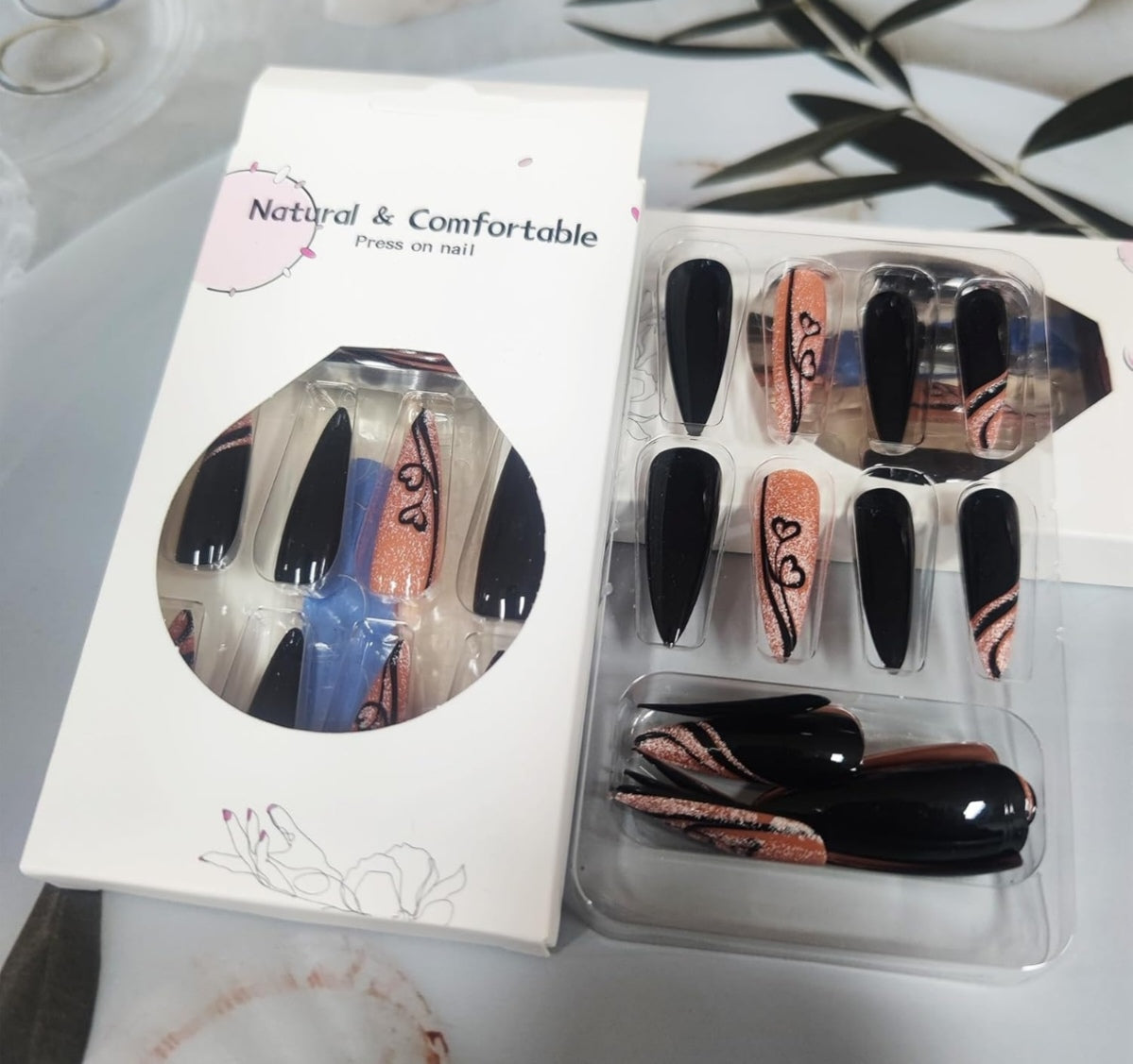 Glamorous Black Brown Heart Glitter Long Stiletto Press-On Nails Acrylic Fake Nails-Free Shipping