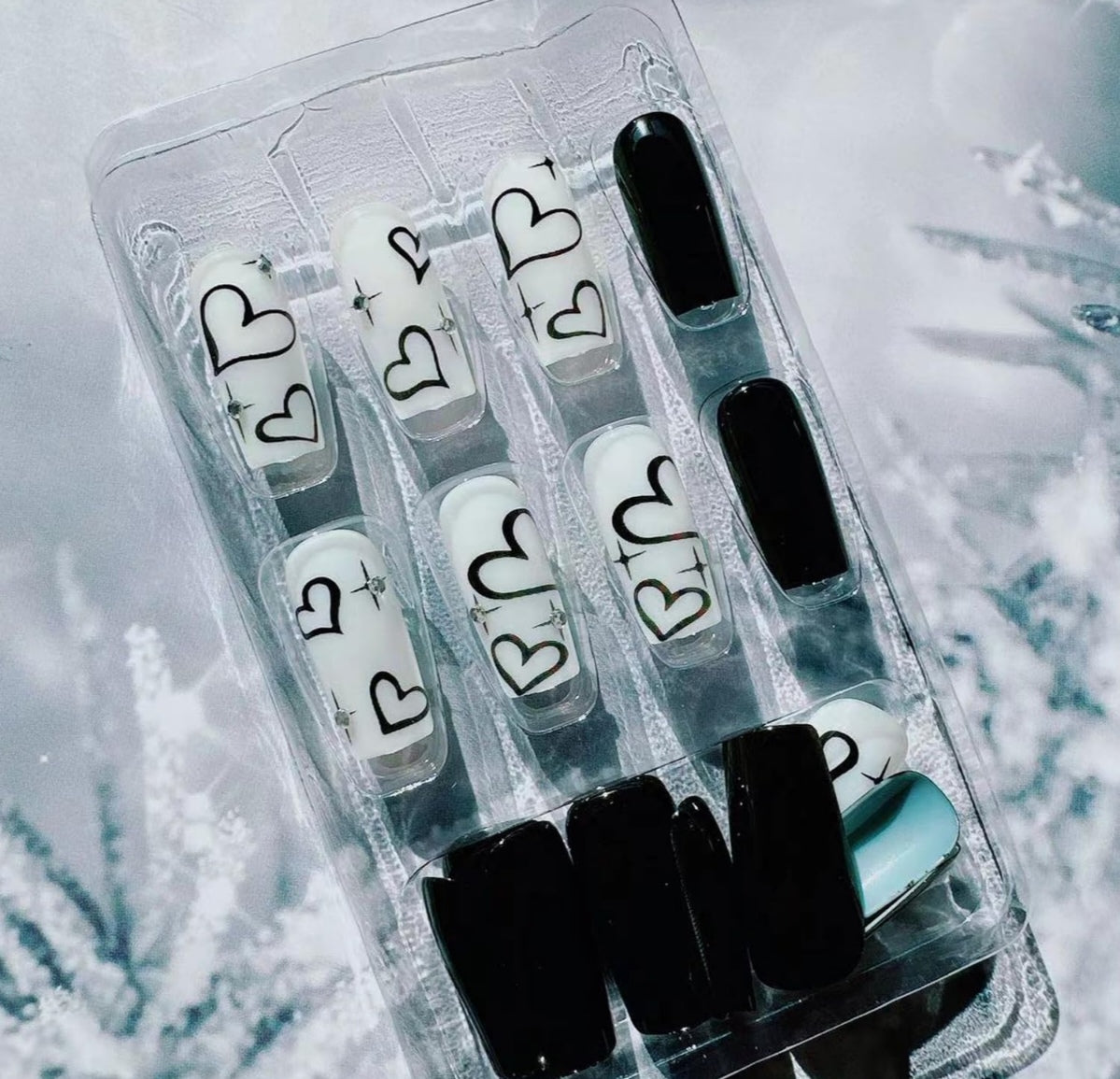 Chic Black White Heart Rhinestone Coffin Press-On Nails Acrylic False Nails-Free Shipping