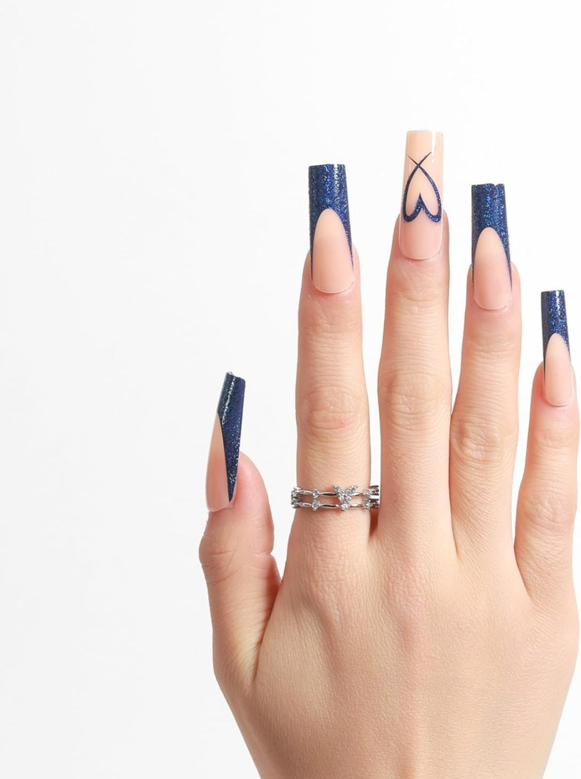 Blue Heart French Glitter Long Coffin Press-On Nails Acrylic False Nails-Free Shipping