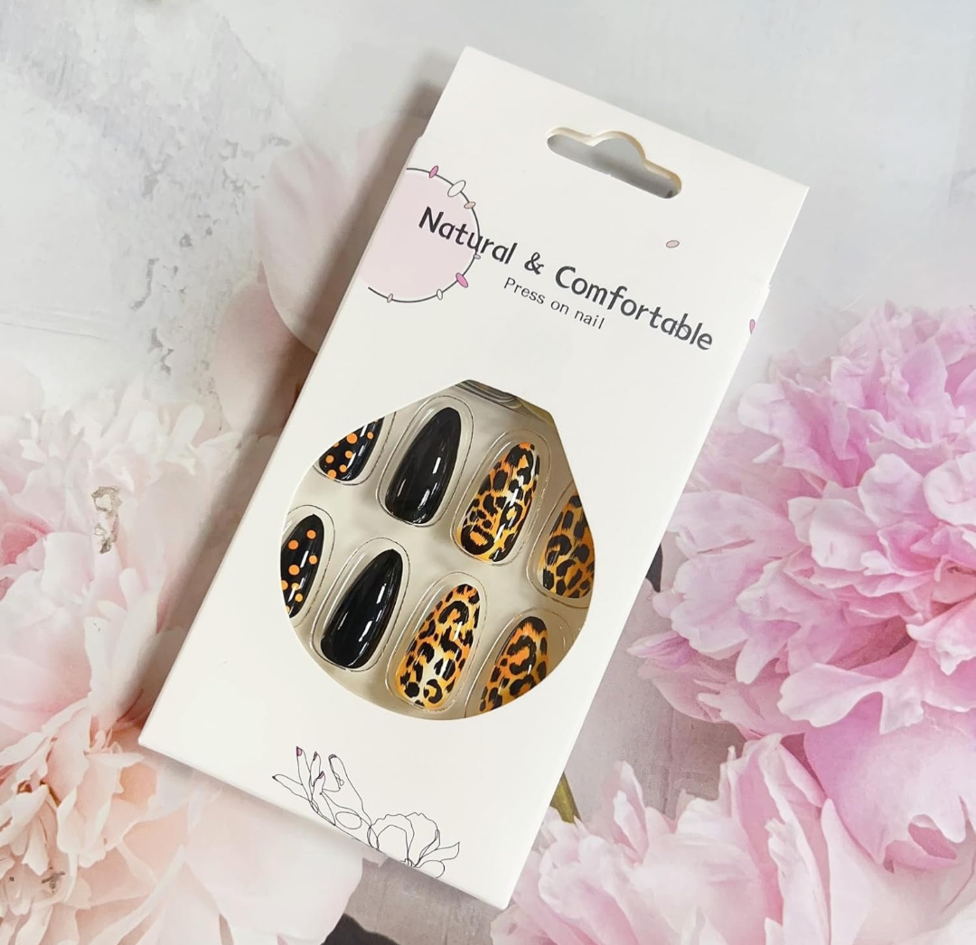 Black Leopard Print Almond Press-On Nails Fake Artificial Nails 24 Pcs-Free Shipping