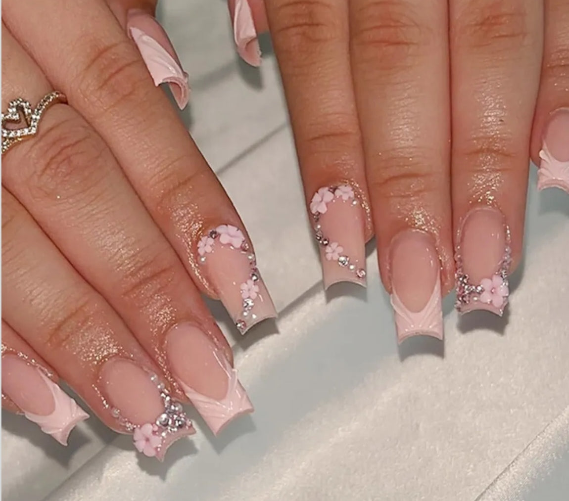 Elegant 3D Pink French Floral Rhinestone Press-On Nails Fake Artificial Nails 24 Pcs-Free Shipping