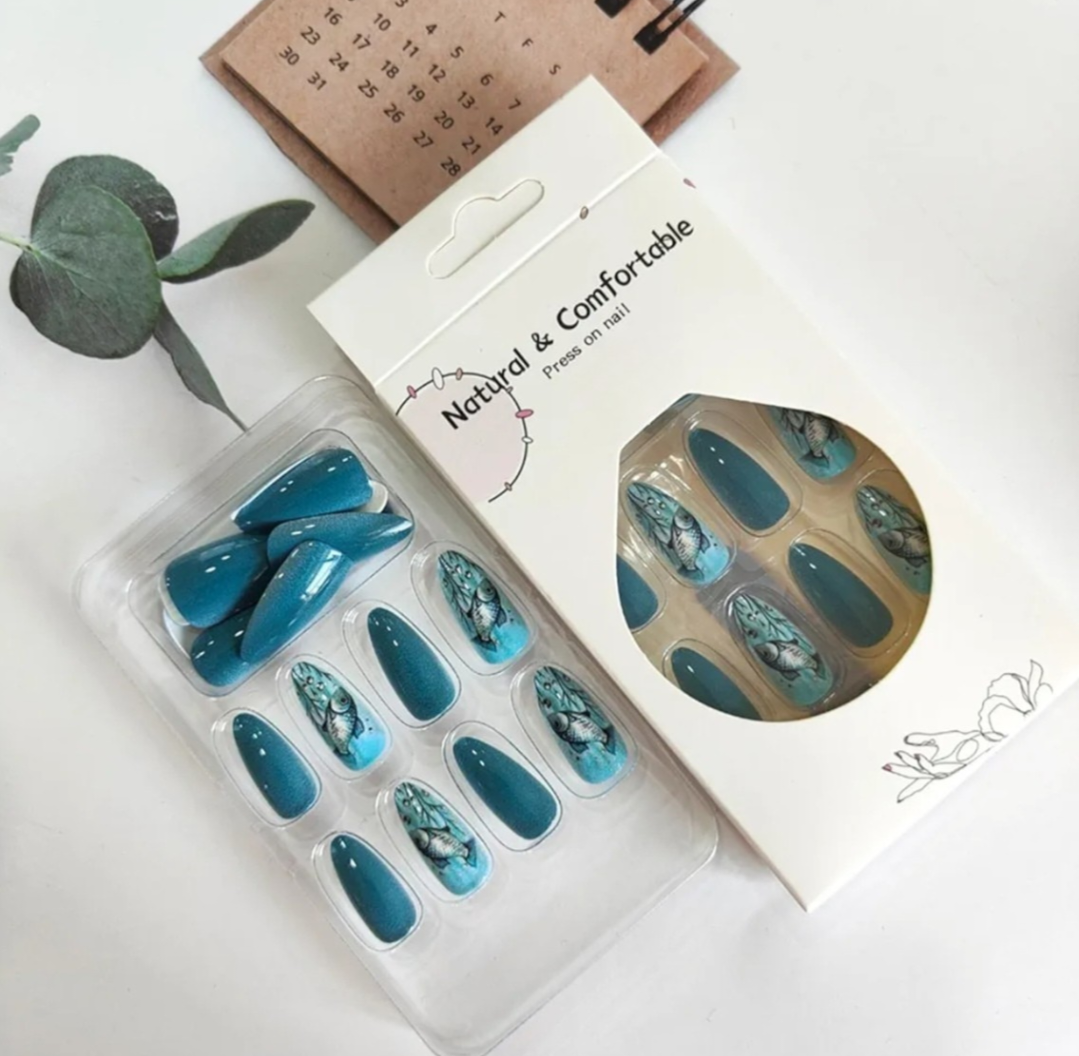 Chic Blue Ocean Fish Design Press-On Nails Fake Artificial Nails 24 Pcs – Free Shipping