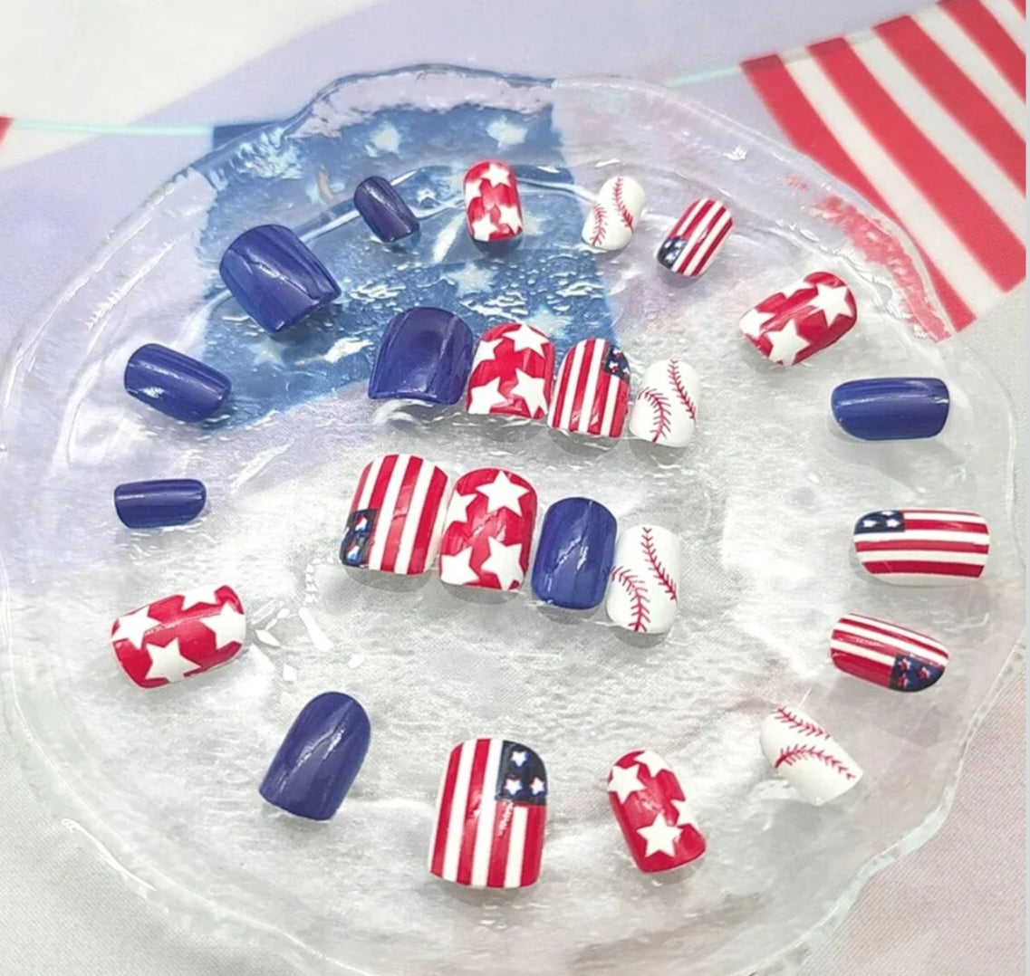 Stylish Patriotic Baseball American Flag Press-On Nails Fake Artificial Nails 24 Pcs-Free Shipping