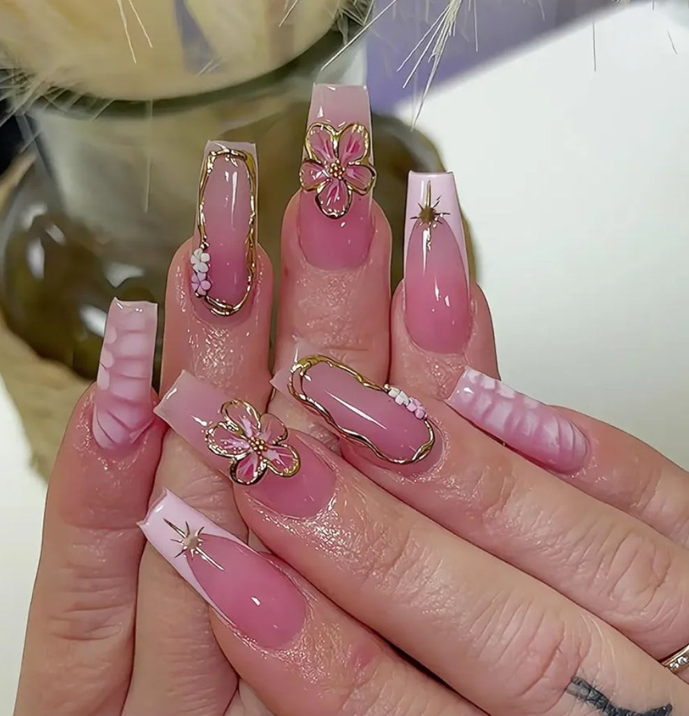 Stylish Pink Gold Butterfly Floral Nails Press-On Nails Fake Artificial Nails 24 Pcs-Free Shipping
