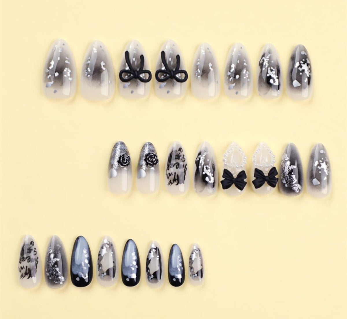 Elegant Black White 3D Ribbon Press-On Nails Artificial Nails 24 Pcs - Free Shipping