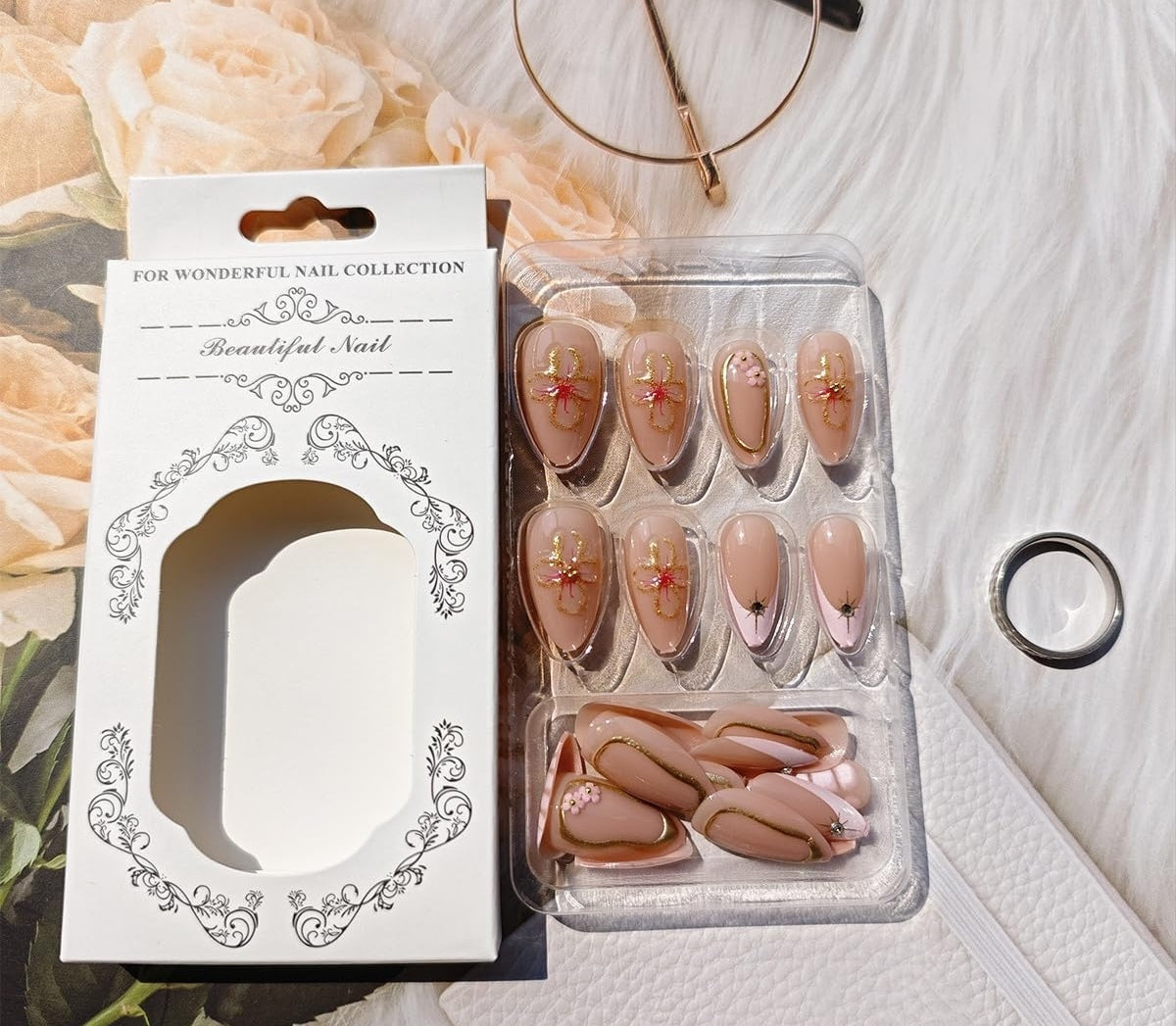 Stylish 3D Gold Floral French Rhinestone Press-On Nails Fake Nails 24 Pcs - Free Shipping