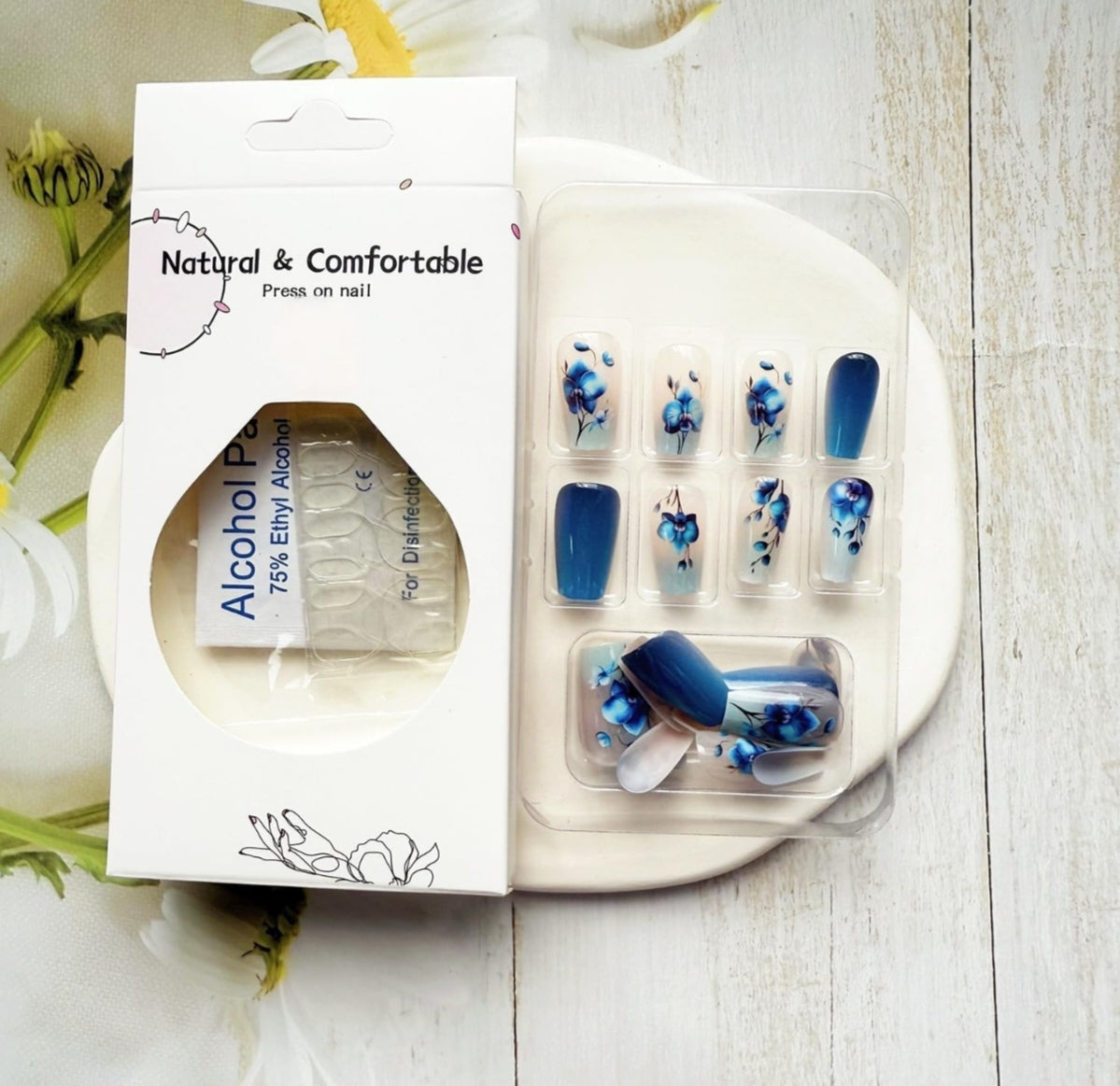 Blue Floral Ombre Press-On Nails Fake Artificial Nails 24 Pcs – Free Shipping
