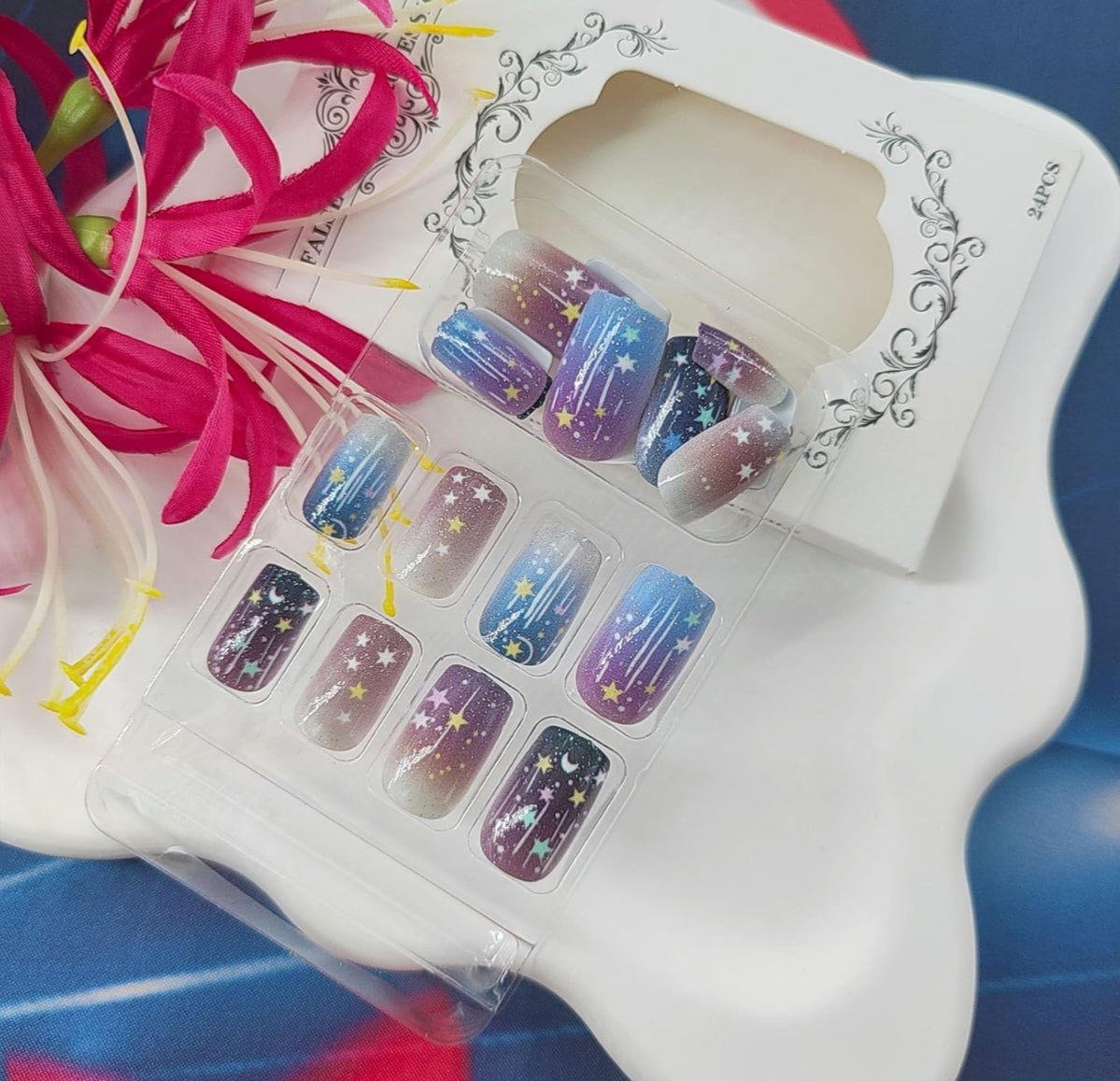 Glitter Star Moon Ombre Press-On Nails Fake Artificial Nails 24 Pcs – Free Shipping